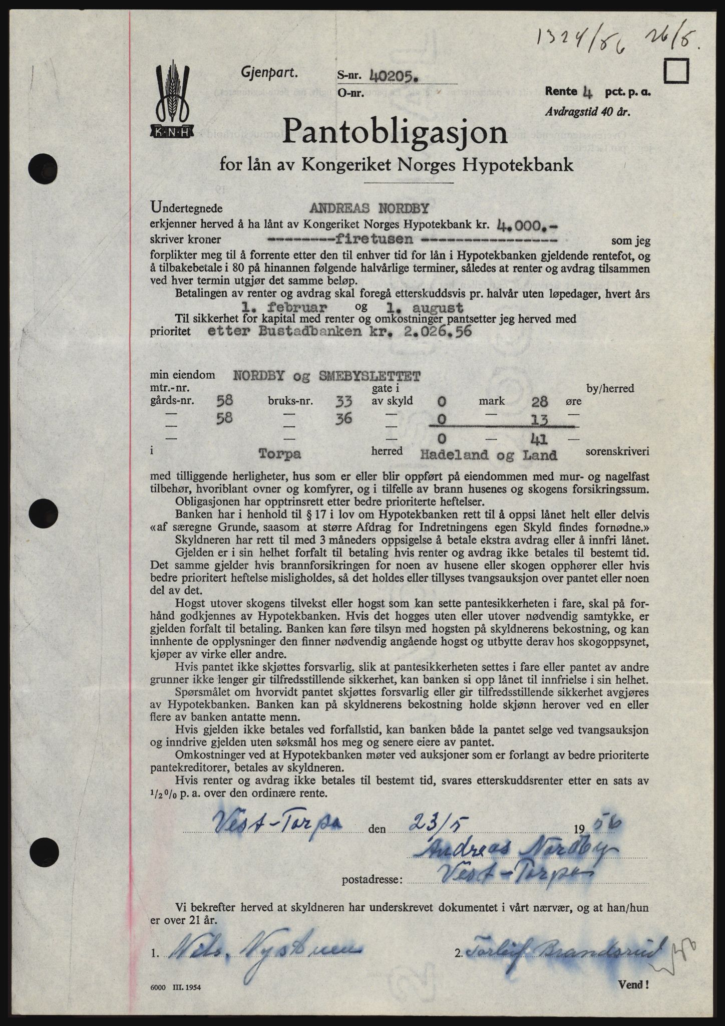 Hadeland og Land tingrett, SAH/TING-010/H/Hb/Hbc/L0034: Mortgage book no. B34, 1956-1956, Diary no: : 1324/1956
