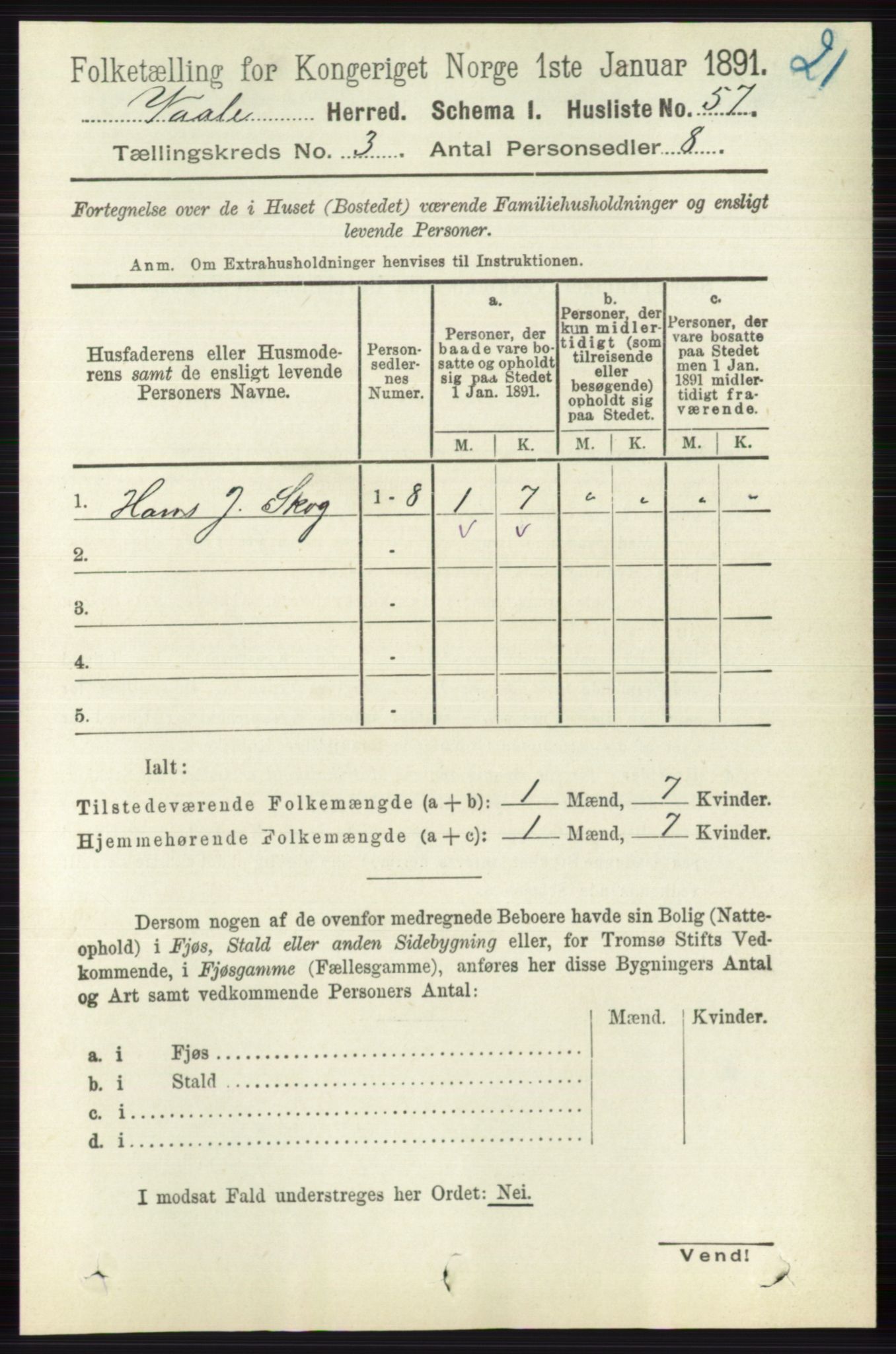 RA, 1891 census for 0716 Våle, 1891, p. 539