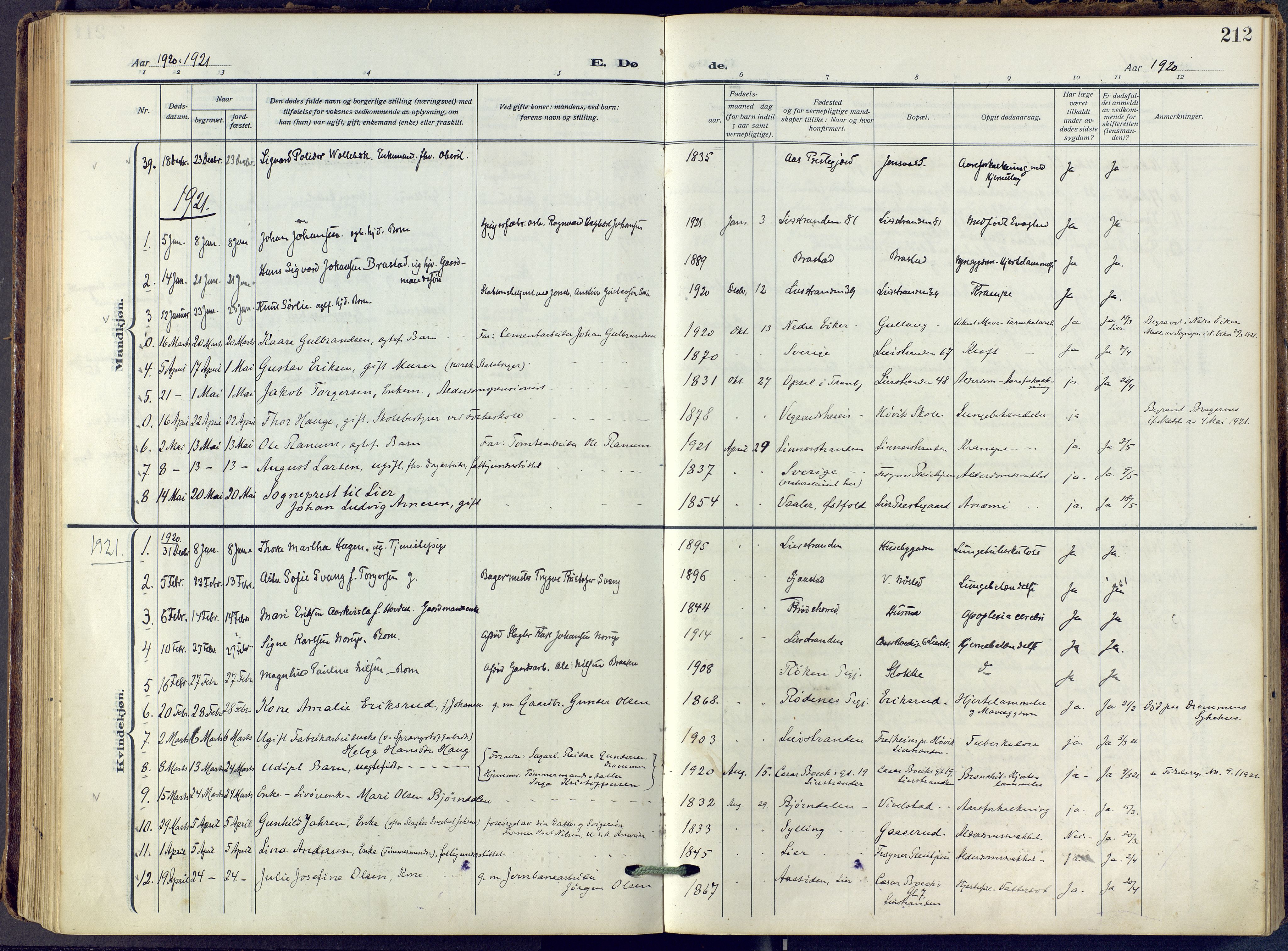 Lier kirkebøker, SAKO/A-230/F/Fa/L0019: Parish register (official) no. I 19, 1918-1928, p. 212