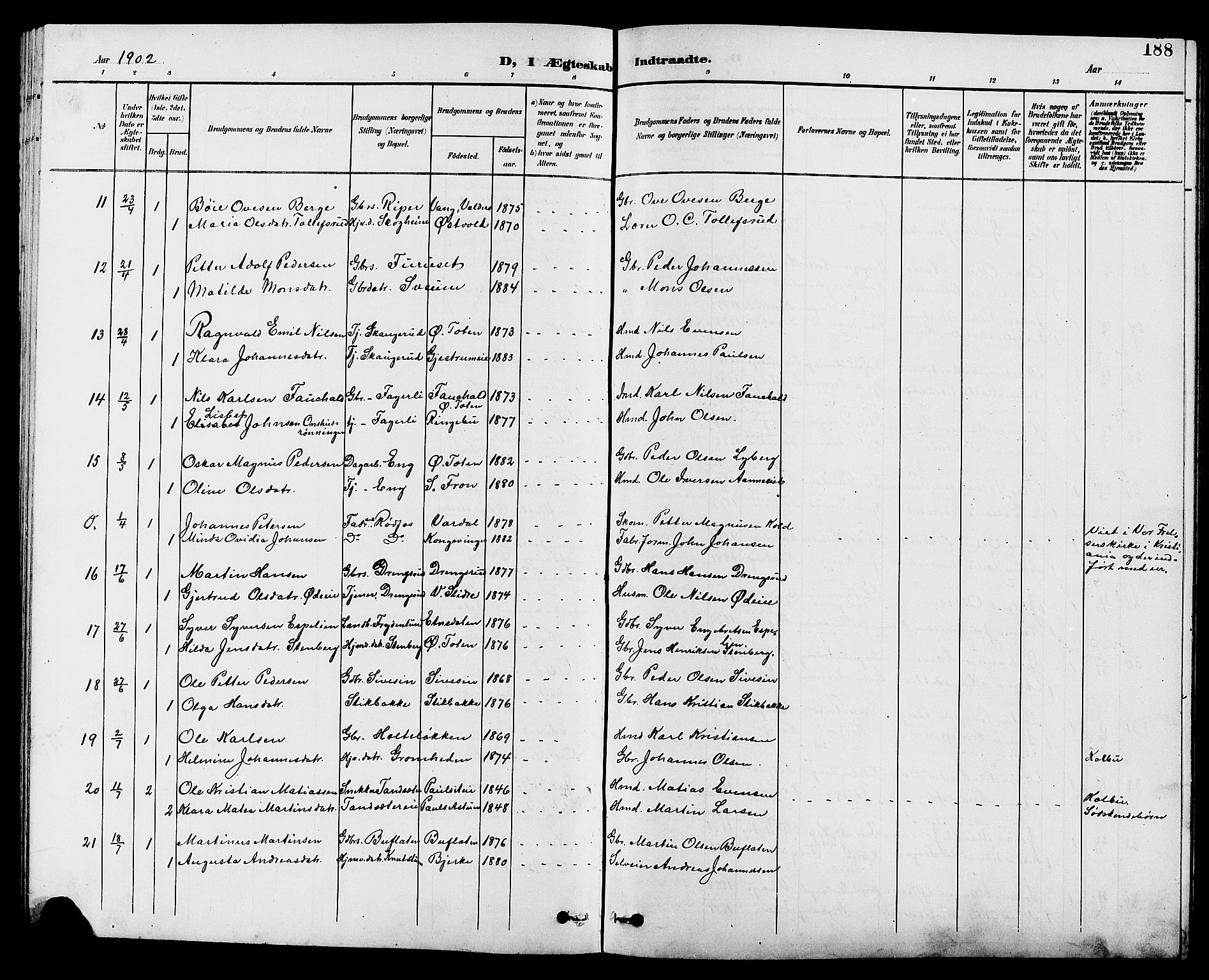 Vestre Toten prestekontor, SAH/PREST-108/H/Ha/Hab/L0010: Parish register (copy) no. 10, 1900-1912, p. 188