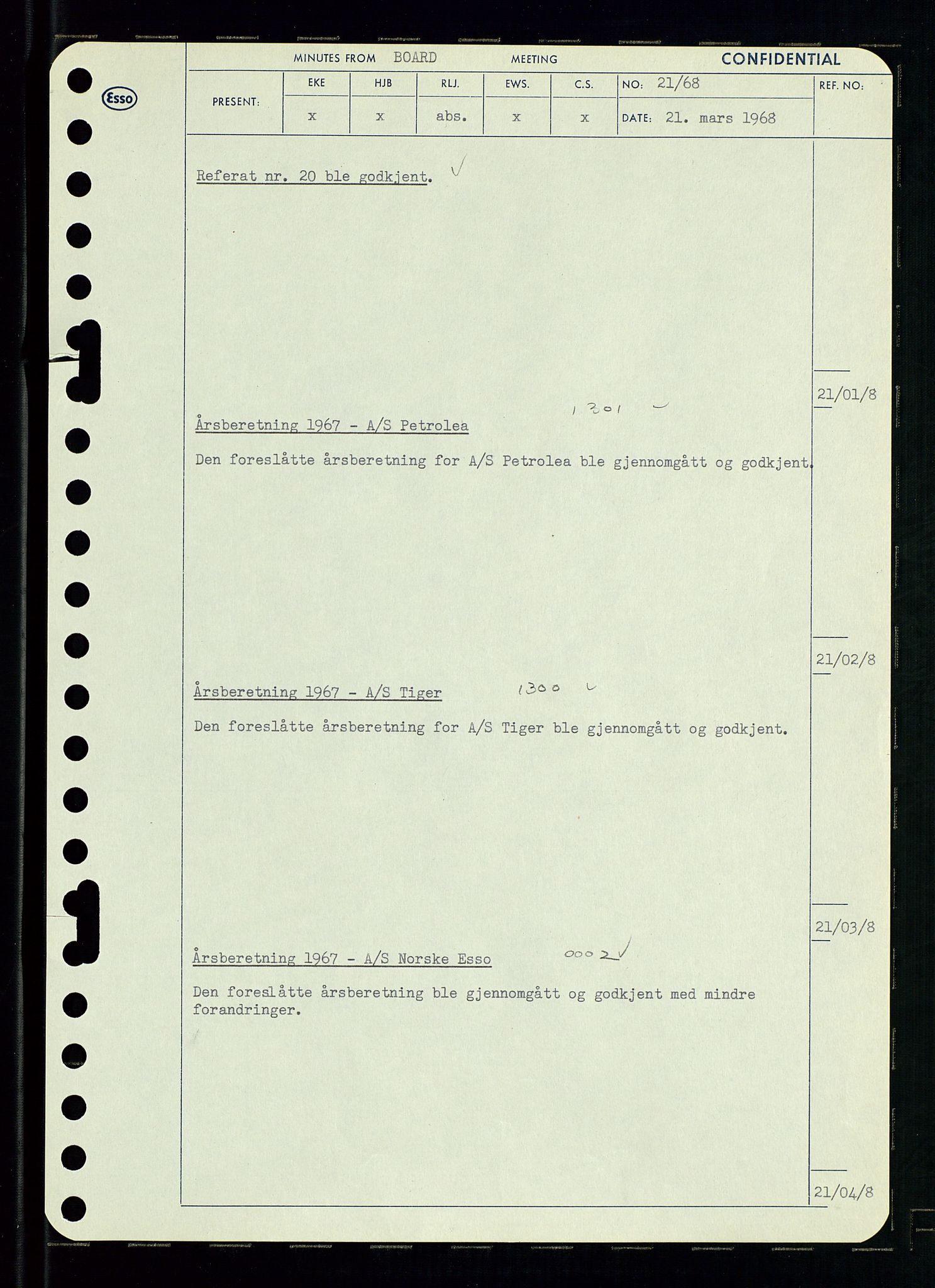 Pa 0982 - Esso Norge A/S, AV/SAST-A-100448/A/Aa/L0002/0004: Den administrerende direksjon Board minutes (styrereferater) / Den administrerende direksjon Board minutes (styrereferater), 1968, p. 36