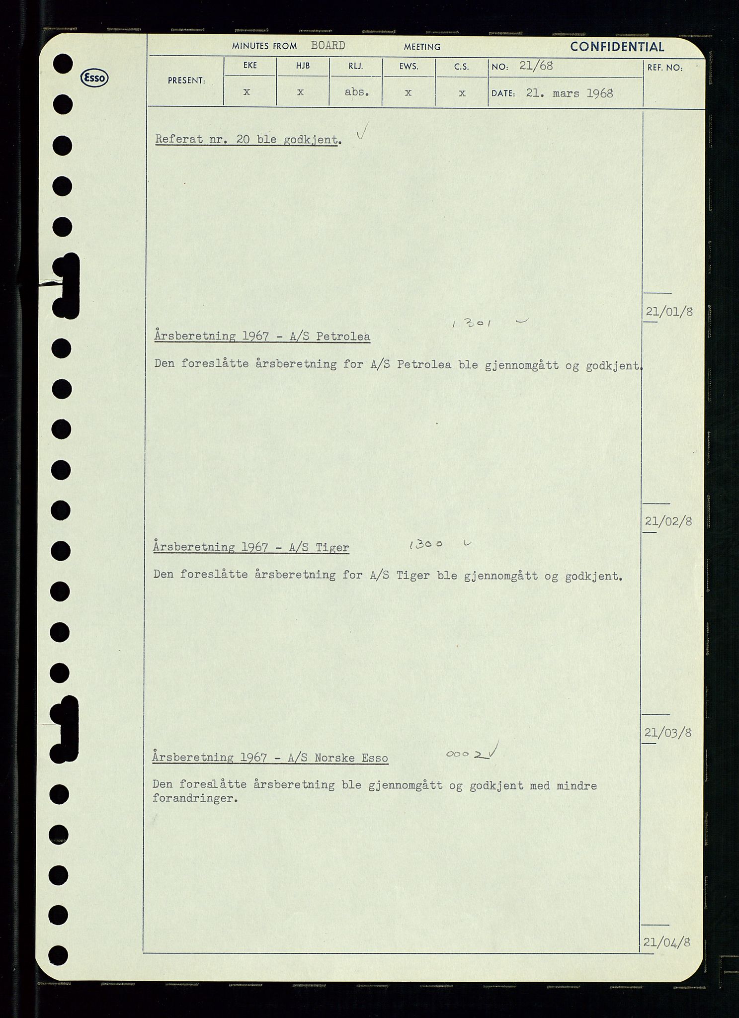 Pa 0982 - Esso Norge A/S, AV/SAST-A-100448/A/Aa/L0002/0004: Den administrerende direksjon Board minutes (styrereferater) / Den administrerende direksjon Board minutes (styrereferater), 1968, p. 36