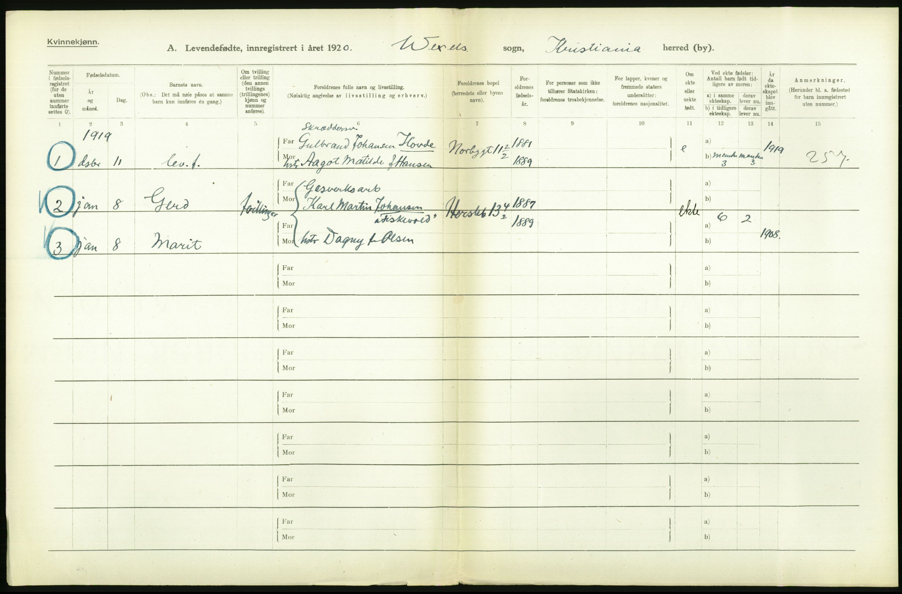 Statistisk sentralbyrå, Sosiodemografiske emner, Befolkning, AV/RA-S-2228/D/Df/Dfb/Dfbj/L0008: Kristiania: Levendefødte menn og kvinner., 1920, p. 302