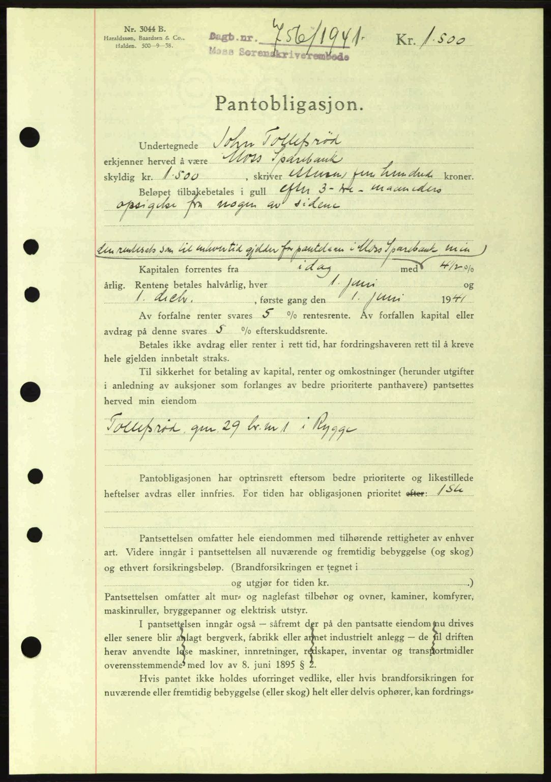 Moss sorenskriveri, SAO/A-10168: Mortgage book no. B10, 1940-1941, Diary no: : 756/1941