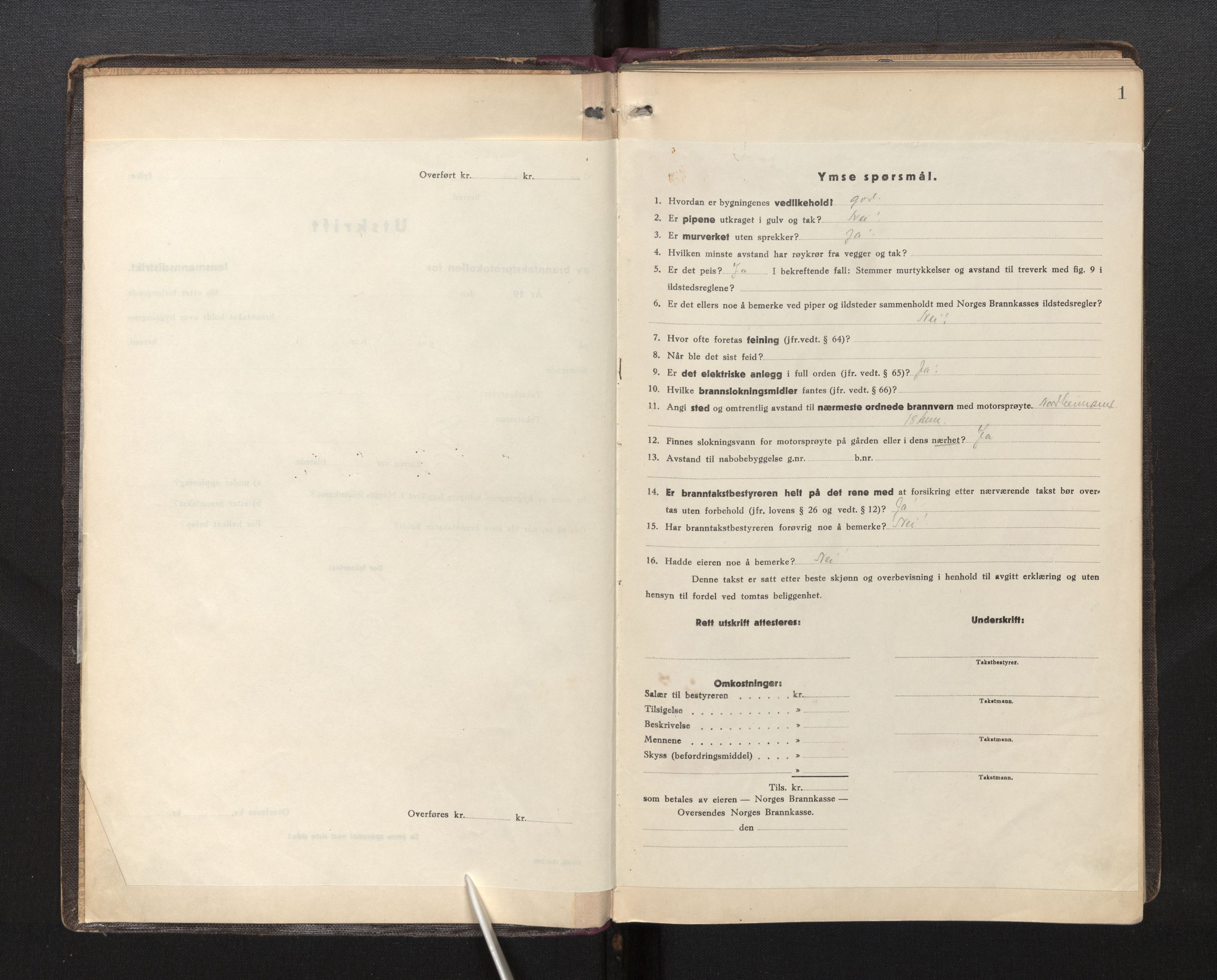 Lensmannen i Os, SAB/A-34101/0012/L0004: Branntakstprotokoll, 1927-1944, p. 1