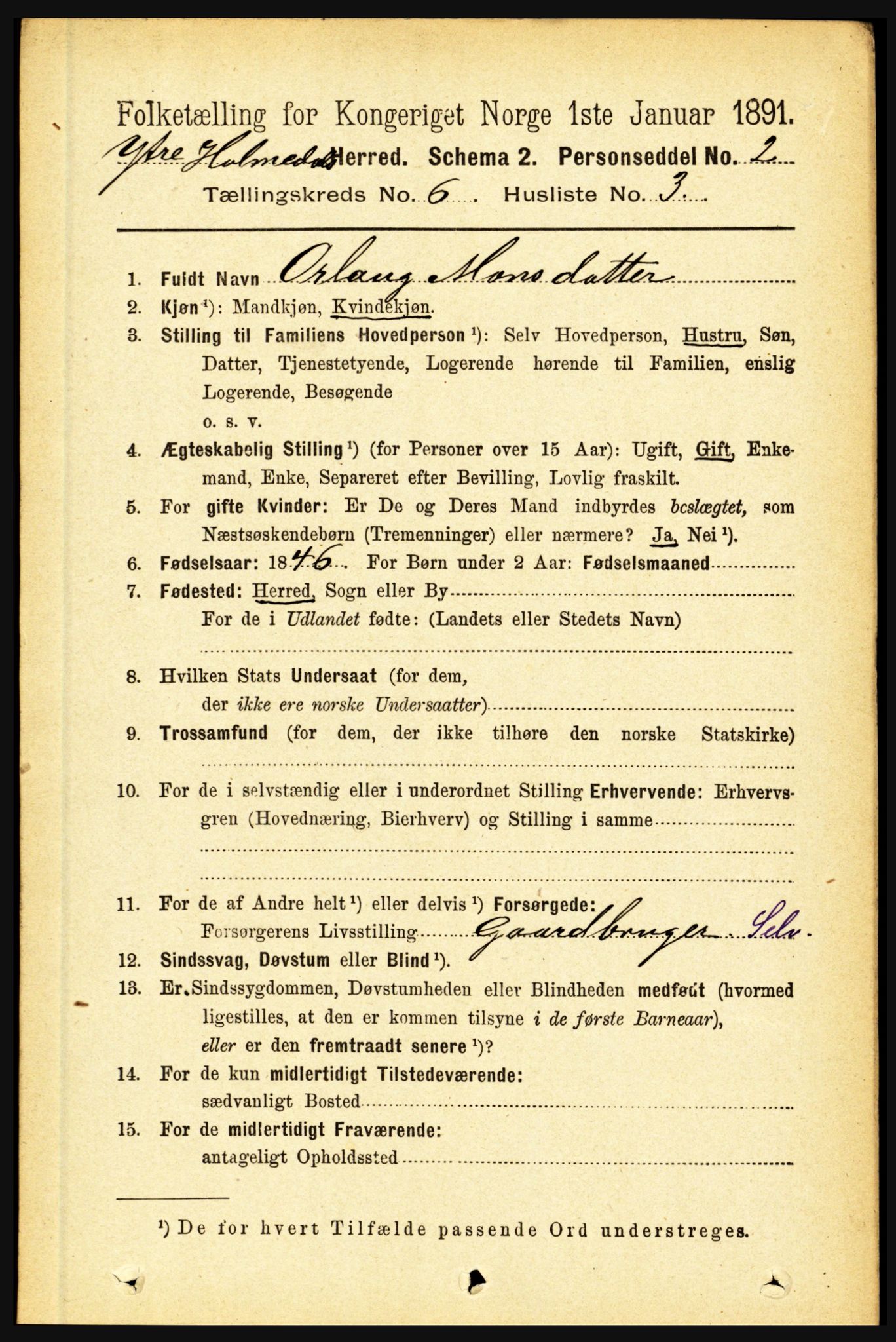 RA, 1891 census for 1429 Ytre Holmedal, 1891, p. 1345