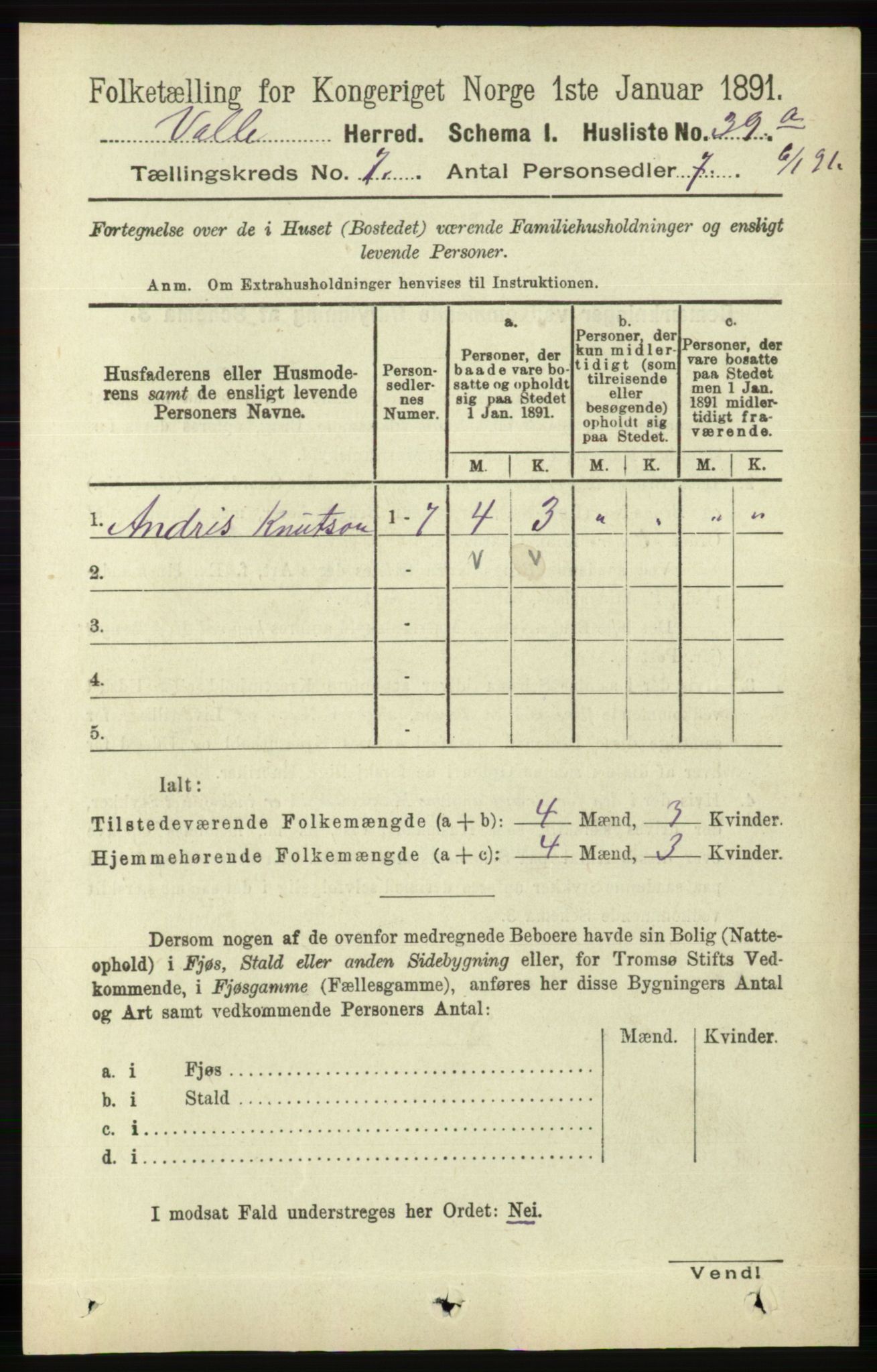 RA, 1891 census for 0940 Valle, 1891, p. 1963