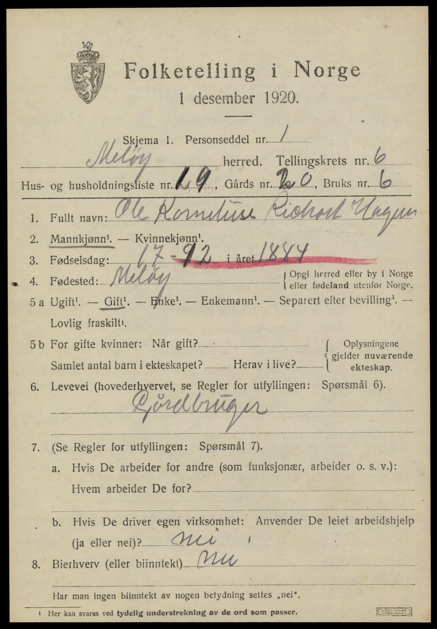 SAT, 1920 census for Meløy, 1920, p. 3631