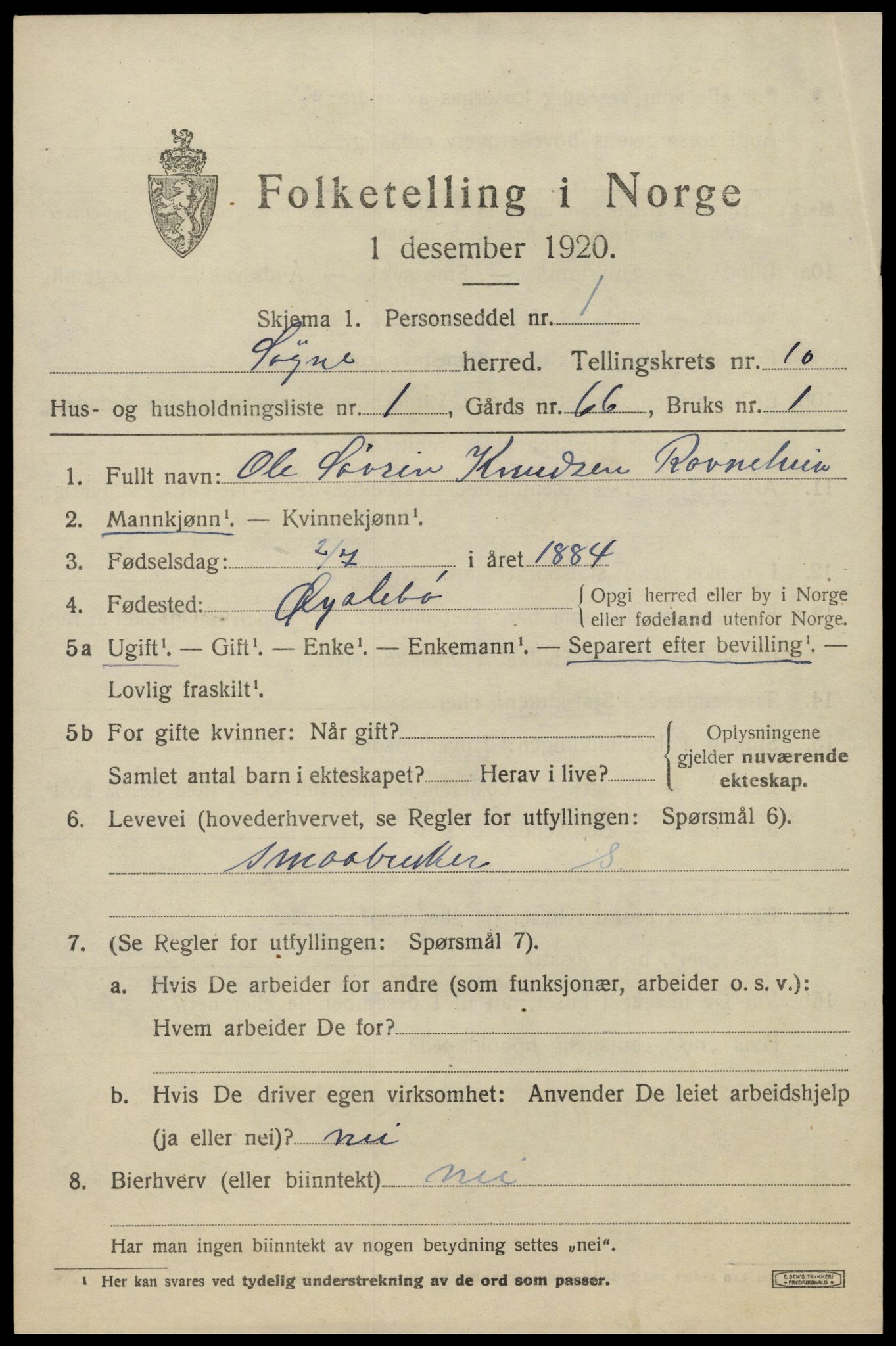 SAK, 1920 census for Søgne, 1920, p. 5423