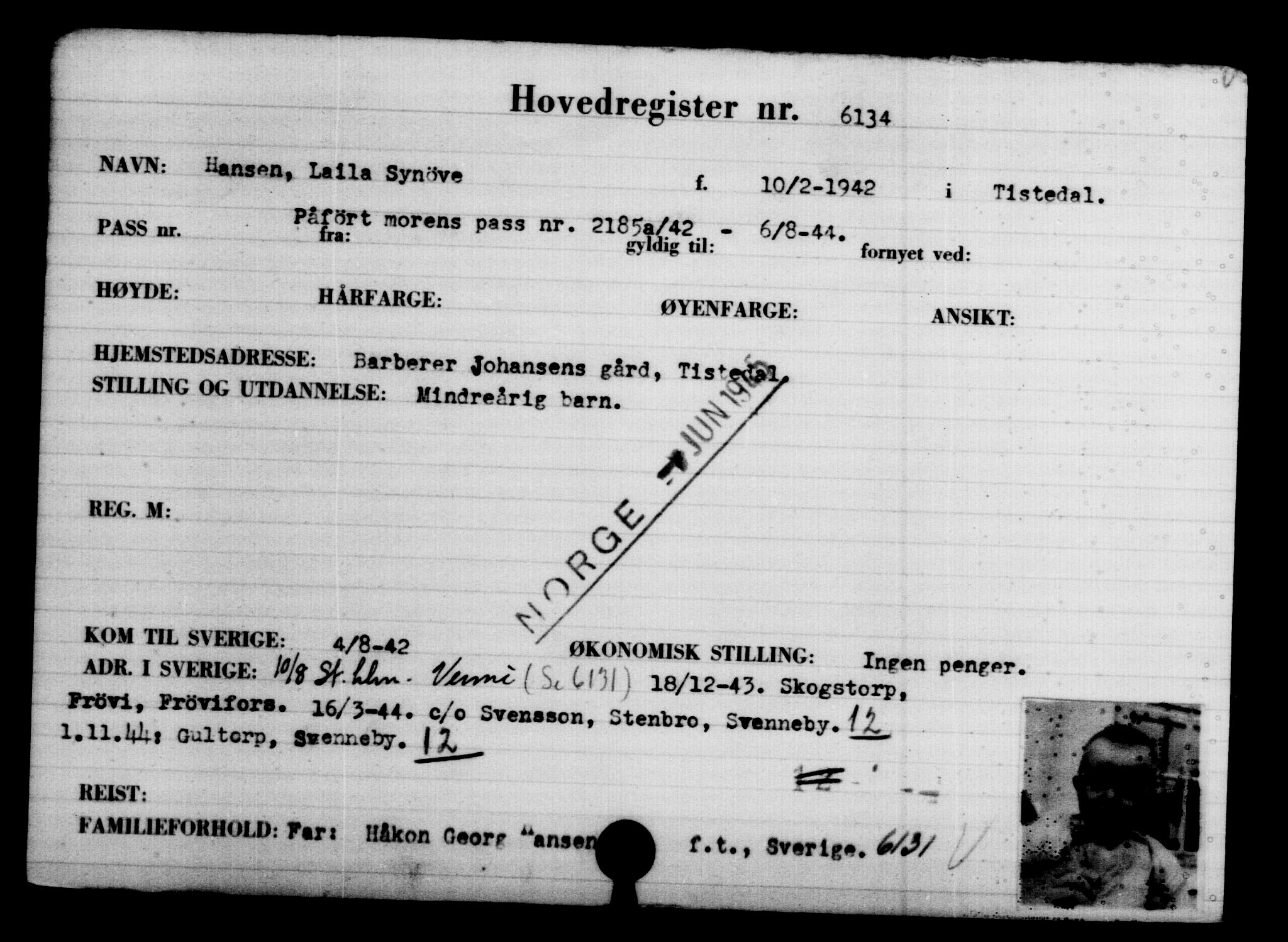 Utenriksstasjonene, Legasjonen i Stockholm, Flyktningkontoret, AV/RA-S-6753/V/Va/L0004: Kjesäterkartoteket, flyktninger med registreringsnr. 3496-6610, 1940-1945, p. 3093