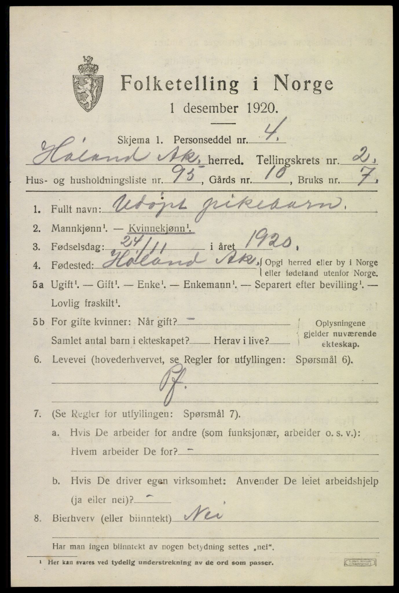 SAO, 1920 census for Høland, 1920, p. 5049