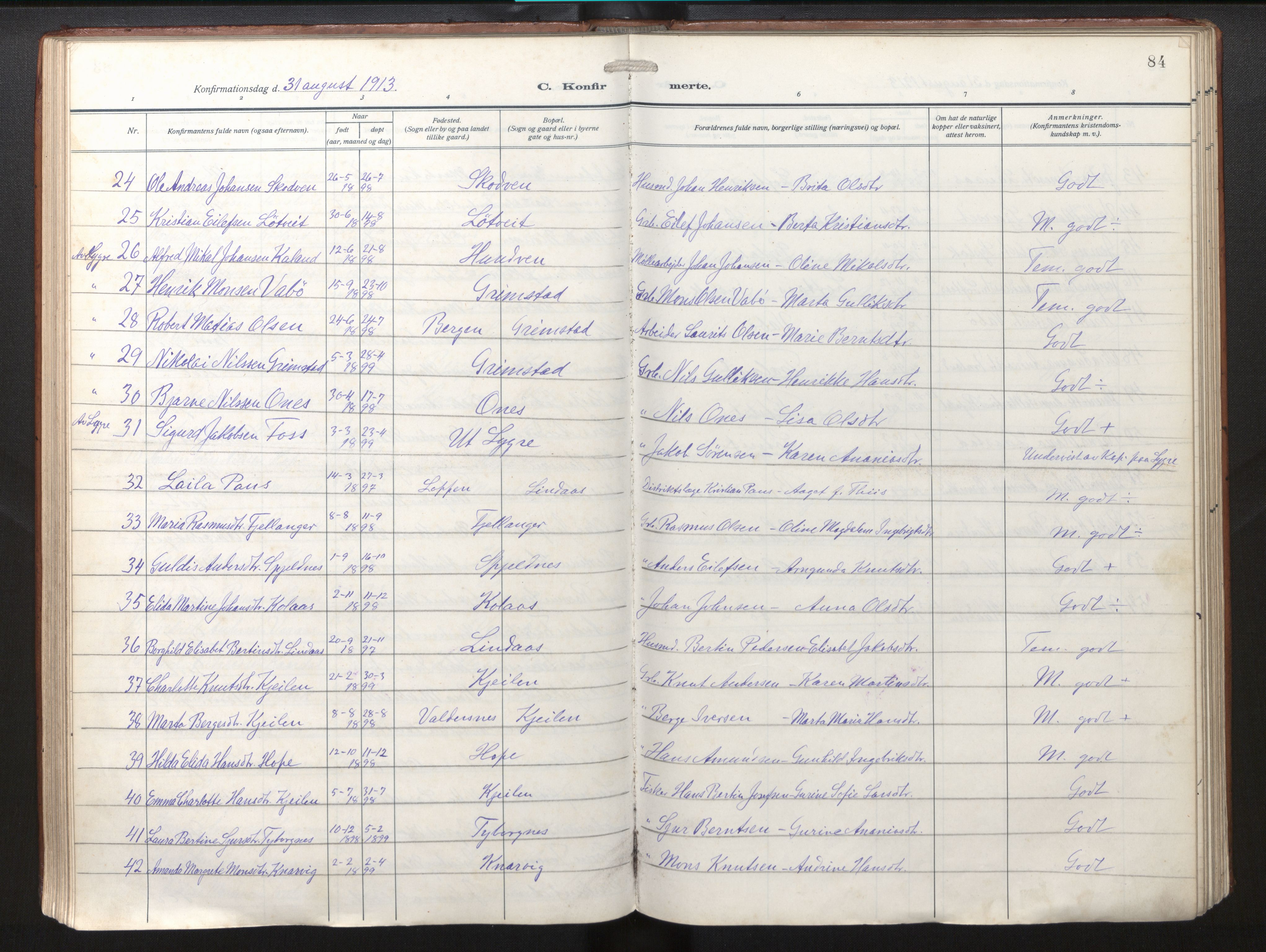 Lindås Sokneprestembete, SAB/A-76701/H/Haa/Haab/L0003: Parish register (official) no. B 3, 1912-1929, p. 84