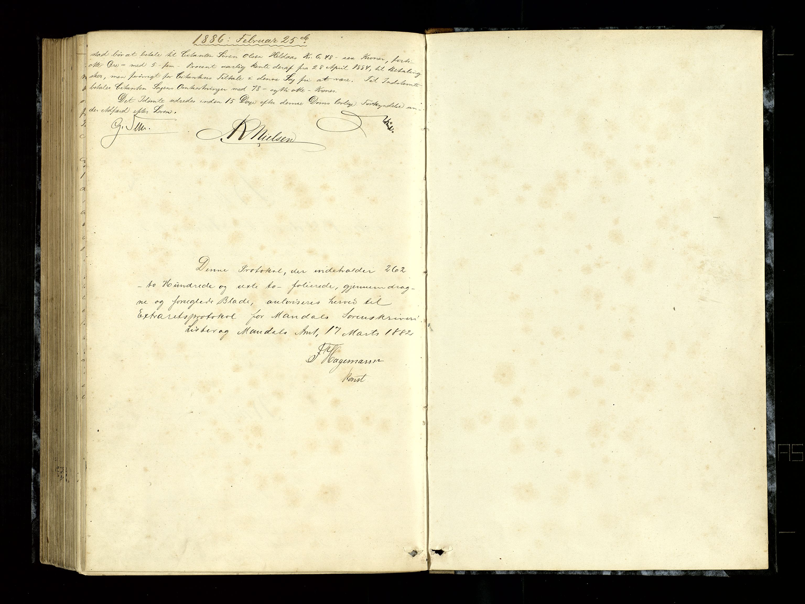 Mandal sorenskriveri, SAK/1221-0005/001/F/Fb/L0027: Ekstrarettsprotokoll nr 25, 1882-1886