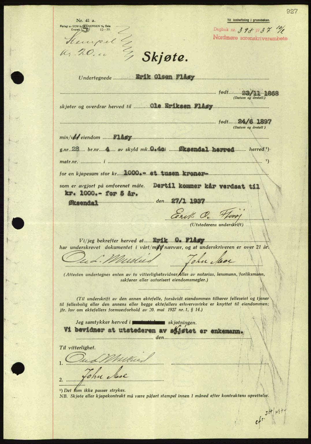 Nordmøre sorenskriveri, AV/SAT-A-4132/1/2/2Ca: Mortgage book no. A80, 1936-1937, Diary no: : 398/1937