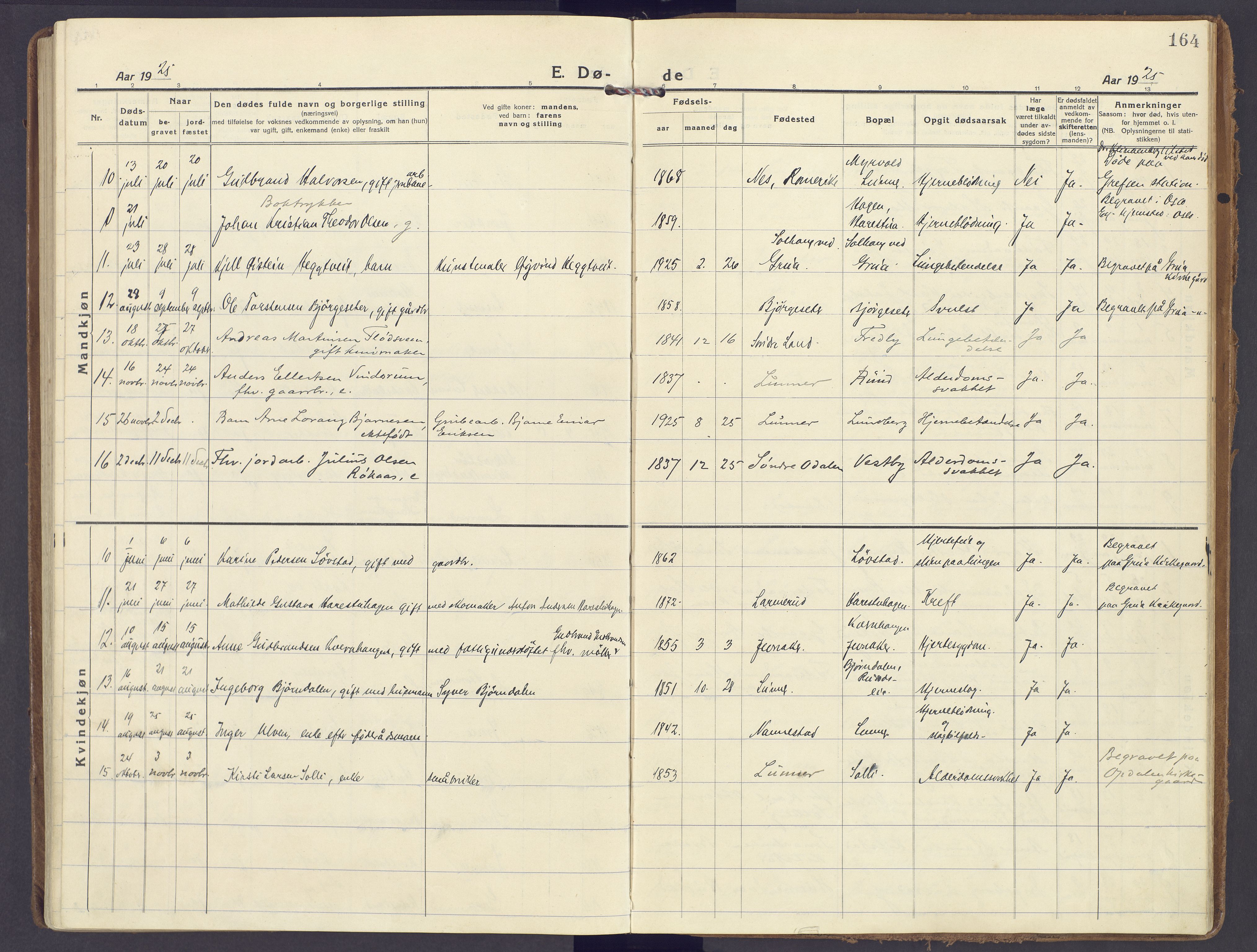 Lunner prestekontor, AV/SAH-PREST-118/H/Ha/Haa/L0002: Parish register (official) no. 2, 1922-1931, p. 164