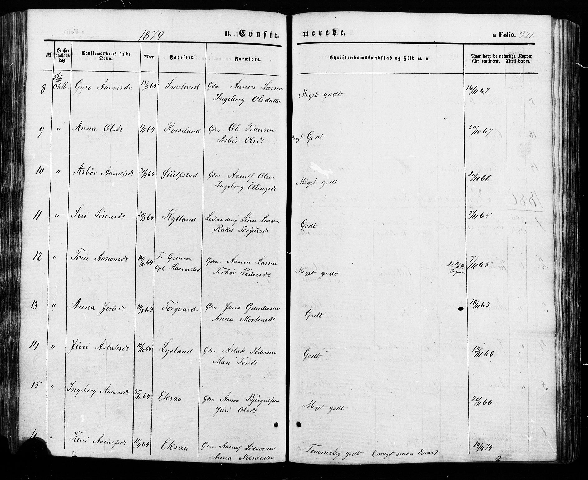 Åseral sokneprestkontor, AV/SAK-1111-0051/F/Fa/L0002: Parish register (official) no. A 2, 1854-1884, p. 321