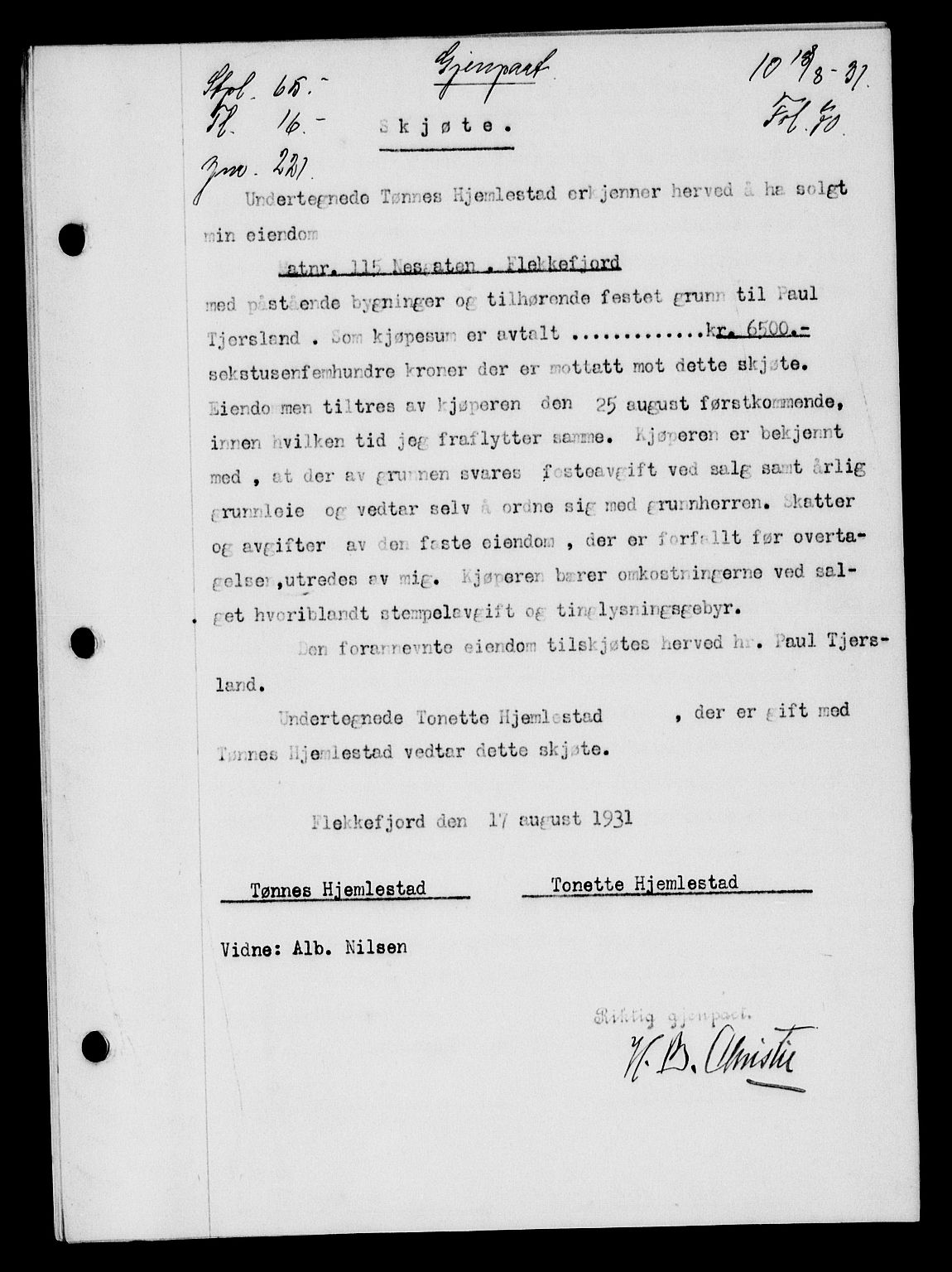 Flekkefjord sorenskriveri, SAK/1221-0001/G/Gb/Gba/L0047: Mortgage book no. 45, 1931-1932, Deed date: 18.08.1931