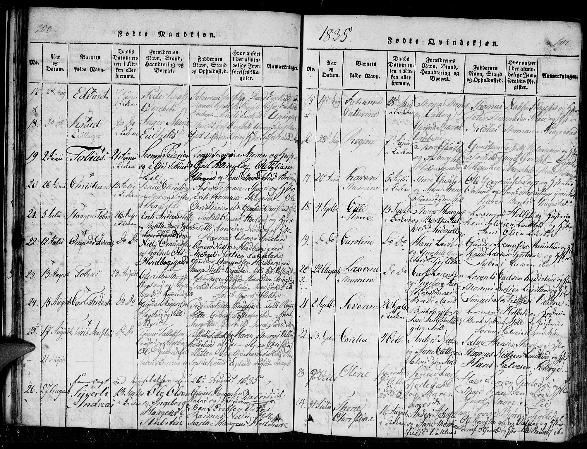 Holum sokneprestkontor, AV/SAK-1111-0022/F/Fa/Faa/L0004: Parish register (official) no. A 4, 1820-1849, p. 100-101