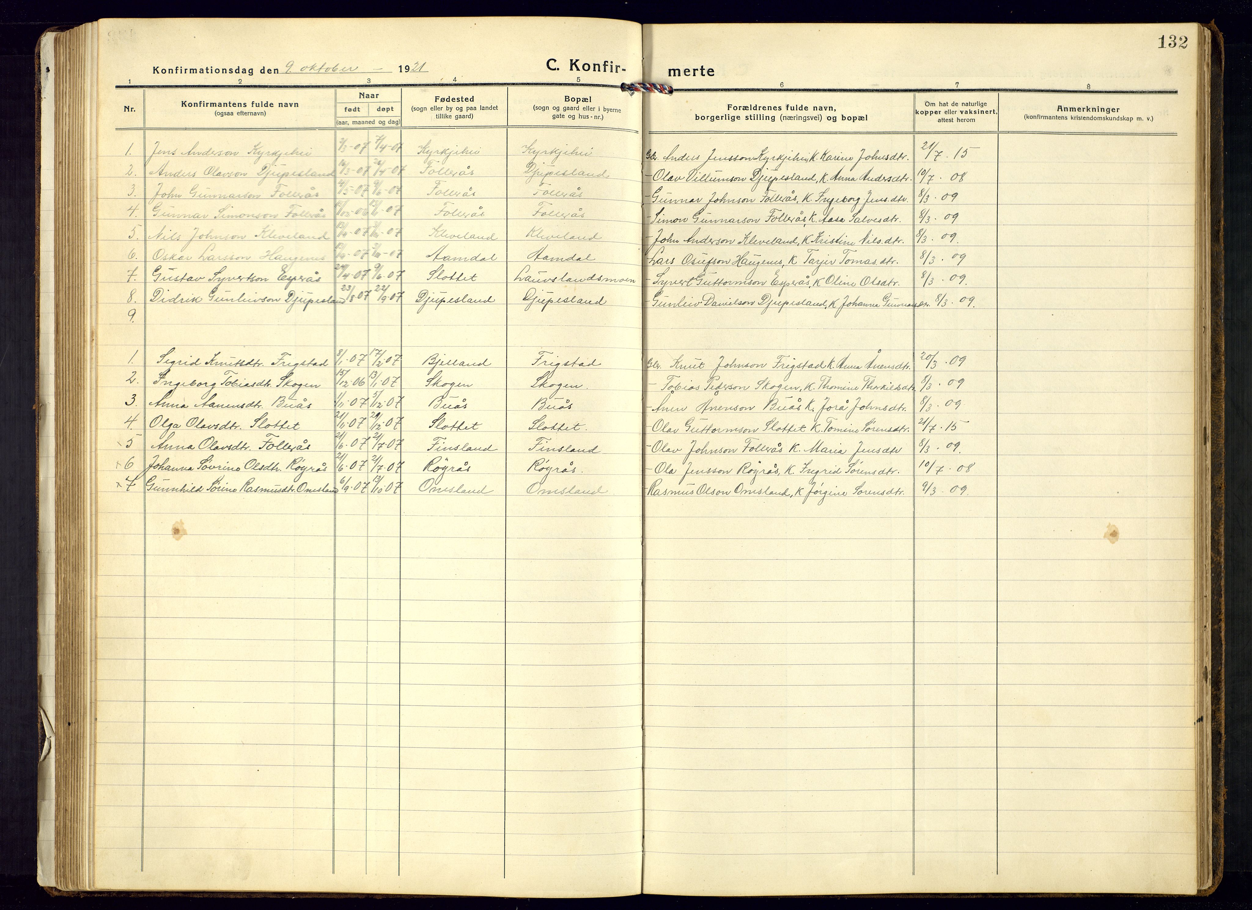 Bjelland sokneprestkontor, SAK/1111-0005/F/Fb/Fbb/L0006: Parish register (copy) no. B-6, 1918-1946, p. 132