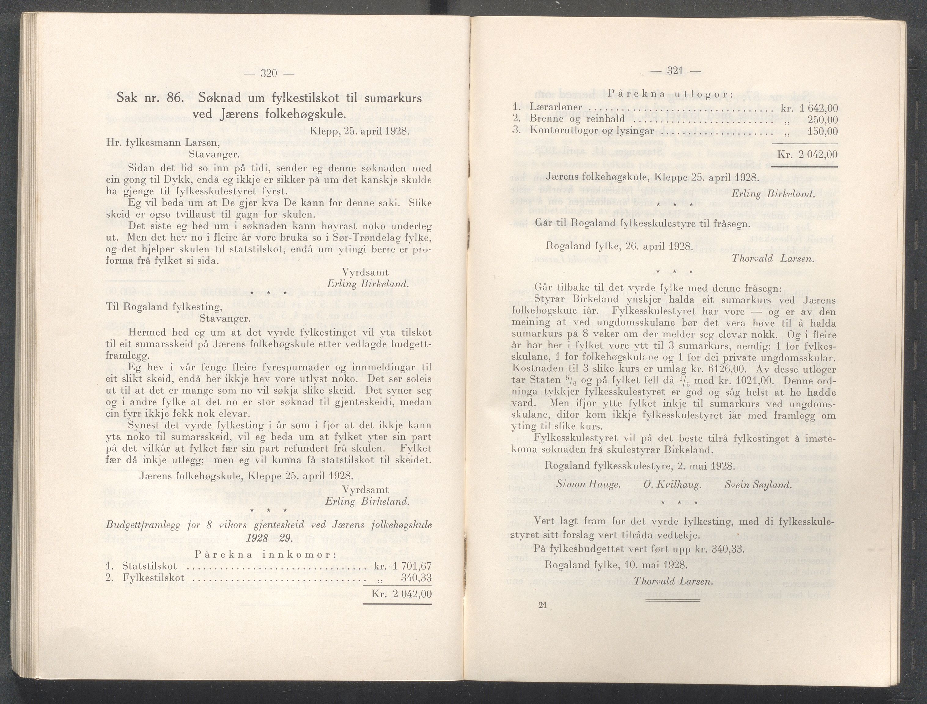 Rogaland fylkeskommune - Fylkesrådmannen , IKAR/A-900/A/Aa/Aaa/L0047: Møtebok , 1928, p. 320-321