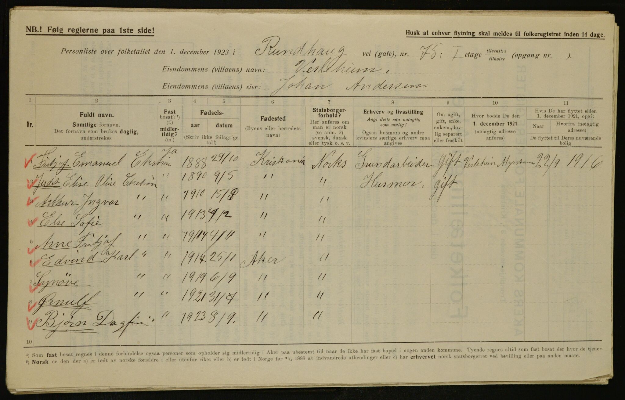 , Municipal Census 1923 for Aker, 1923, p. 15799