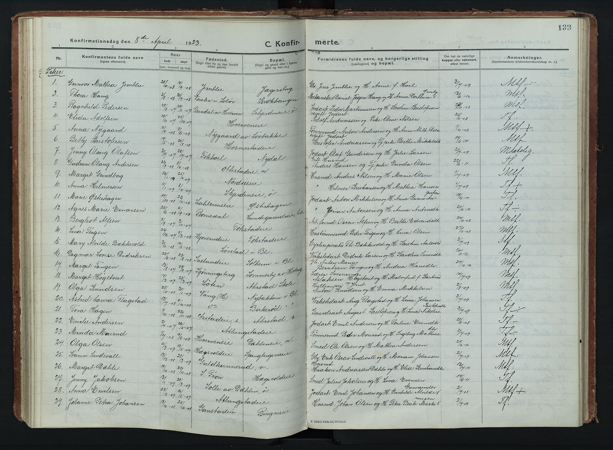 Stange prestekontor, AV/SAH-PREST-002/K/L0028: Parish register (official) no. 28, 1913-1932, p. 133