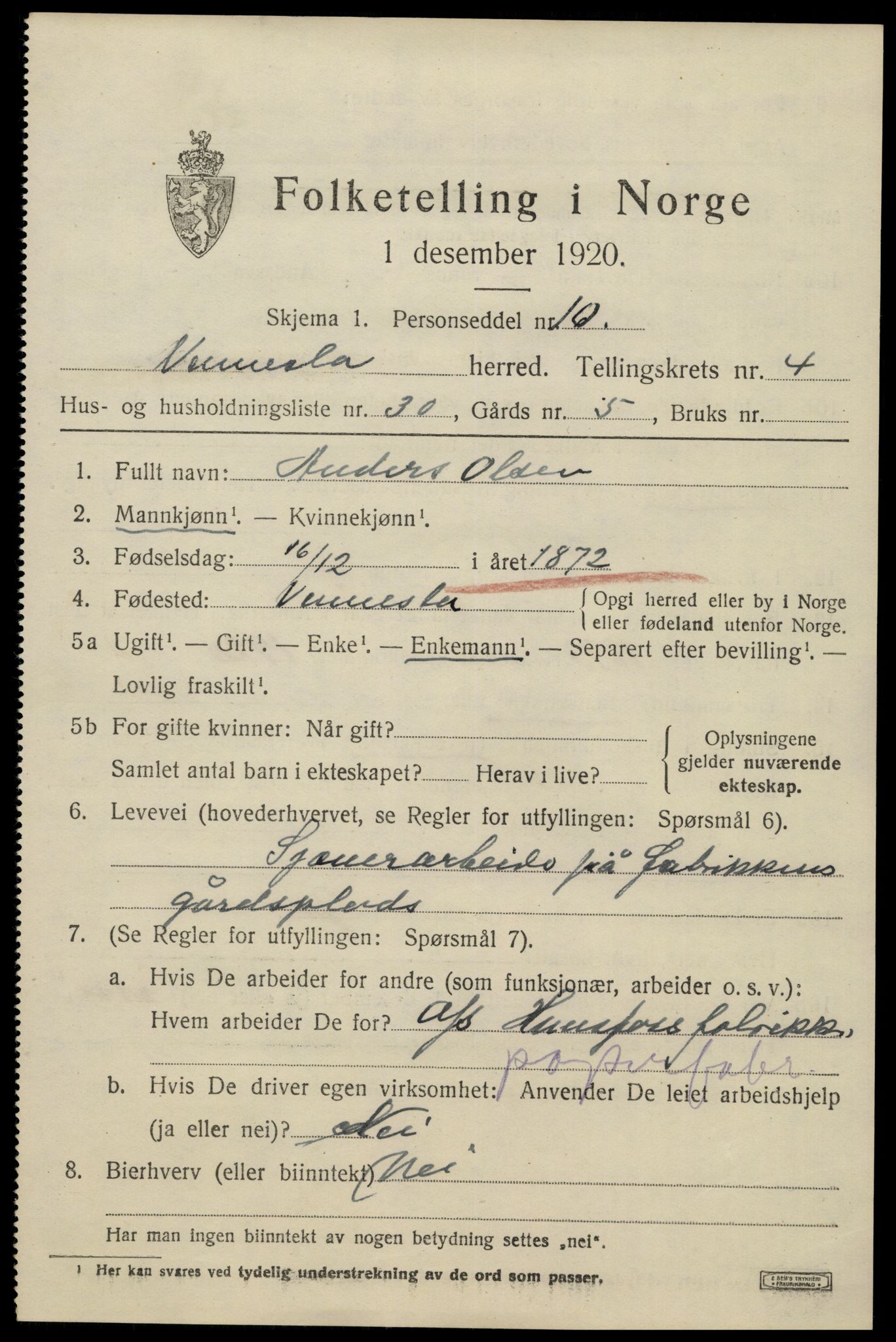 SAK, 1920 census for Vennesla, 1920, p. 3220