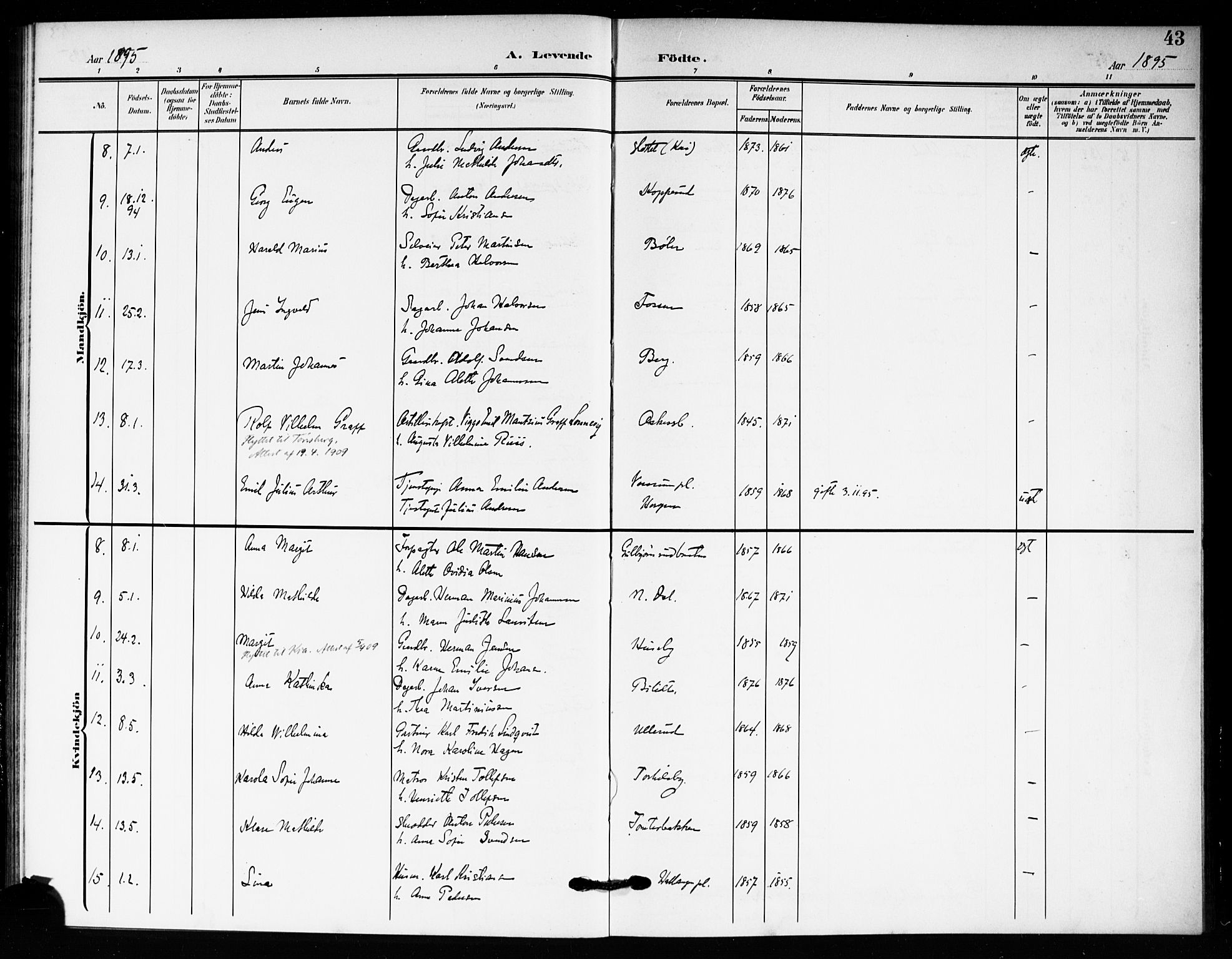 Drøbak prestekontor Kirkebøker, AV/SAO-A-10142a/F/Fc/L0001: Parish register (official) no. III 1, 1871-1900, p. 43