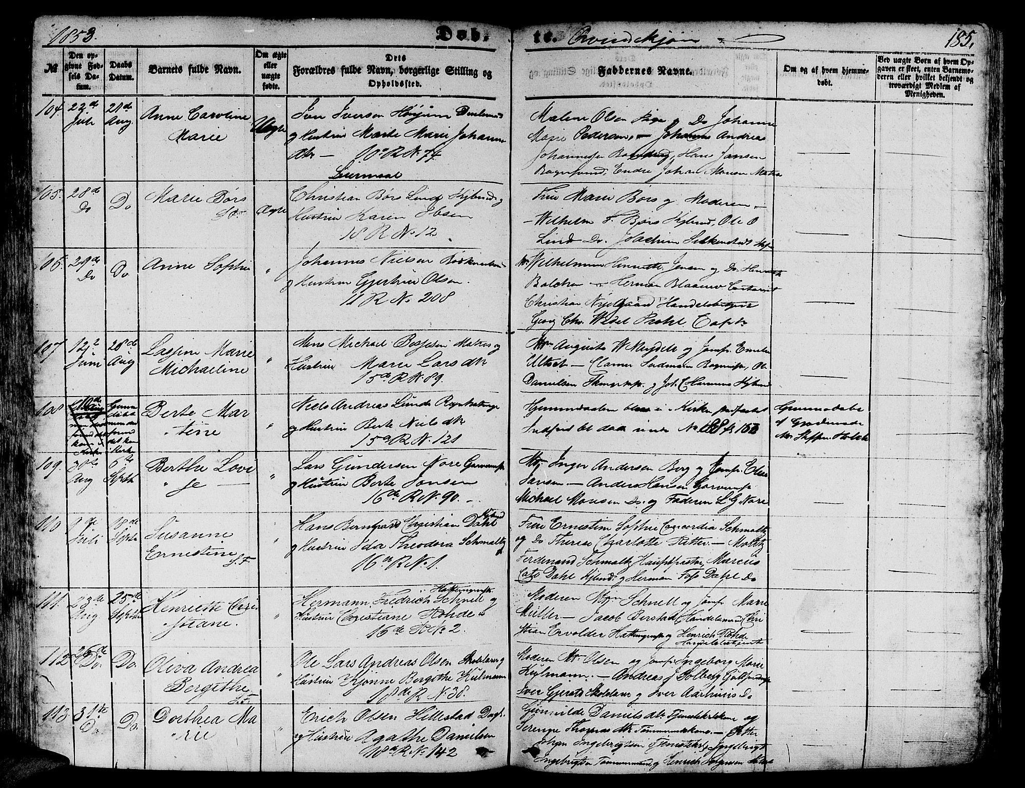 Domkirken sokneprestembete, AV/SAB-A-74801/H/Hab/L0010: Parish register (copy) no. B 3, 1849-1856, p. 185