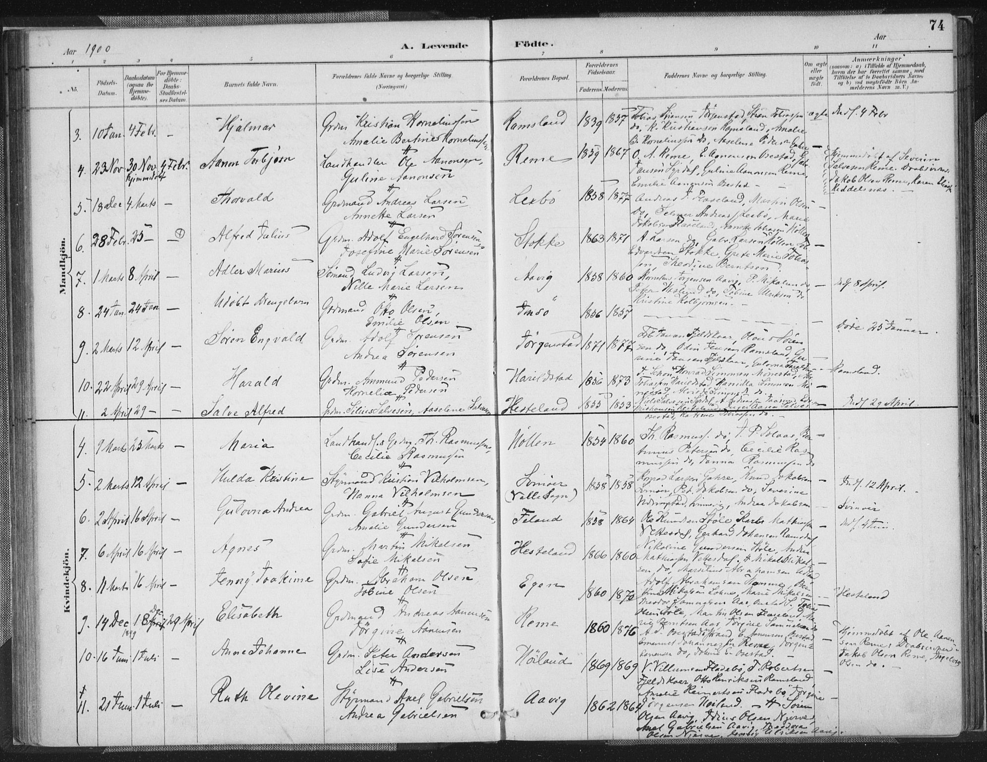Sør-Audnedal sokneprestkontor, AV/SAK-1111-0039/F/Fa/Faa/L0004: Parish register (official) no. A 4, 1884-1909, p. 74