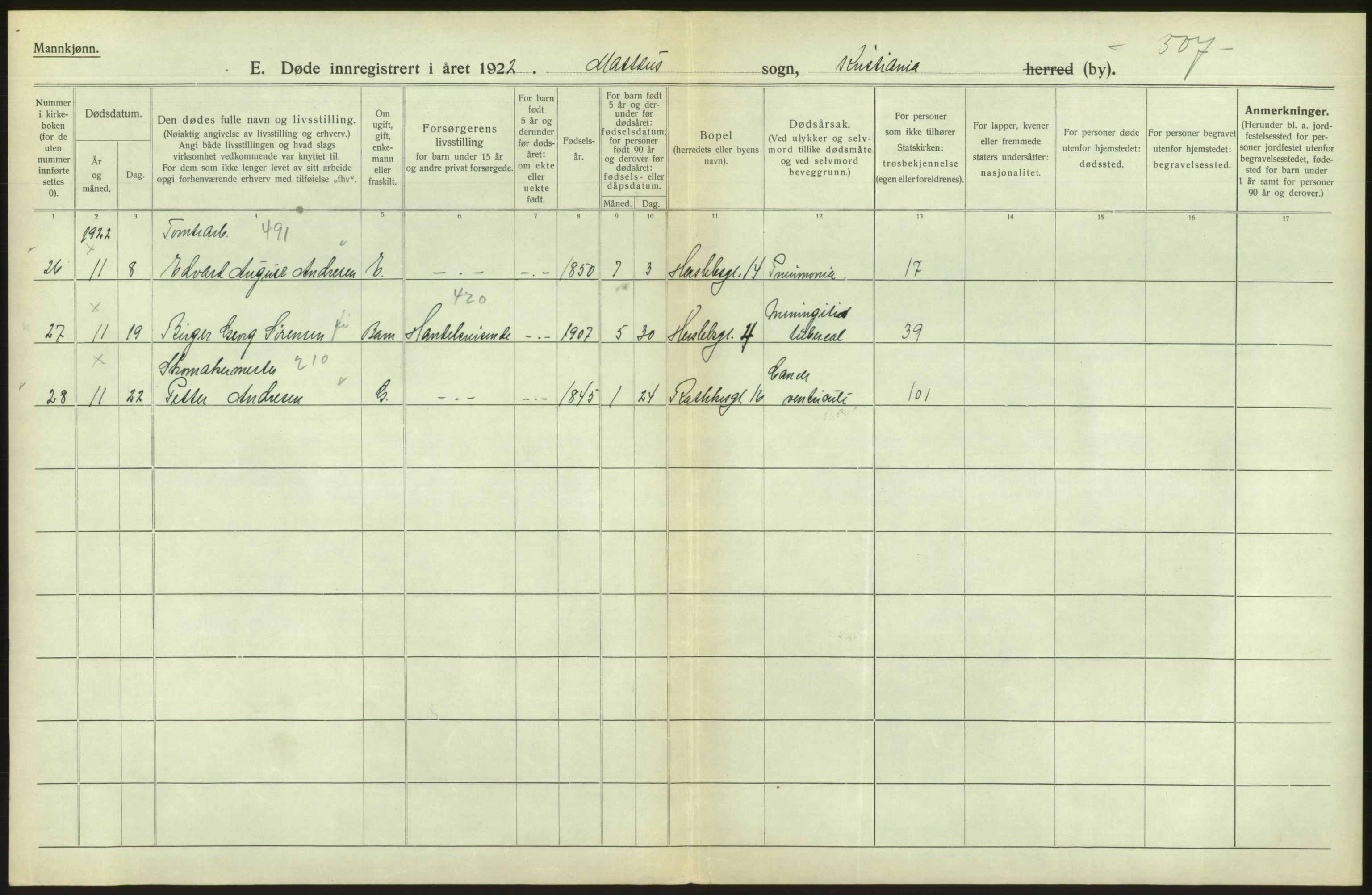 Statistisk sentralbyrå, Sosiodemografiske emner, Befolkning, AV/RA-S-2228/D/Df/Dfc/Dfcb/L0010: Kristiania: Døde, dødfødte, 1922, p. 172