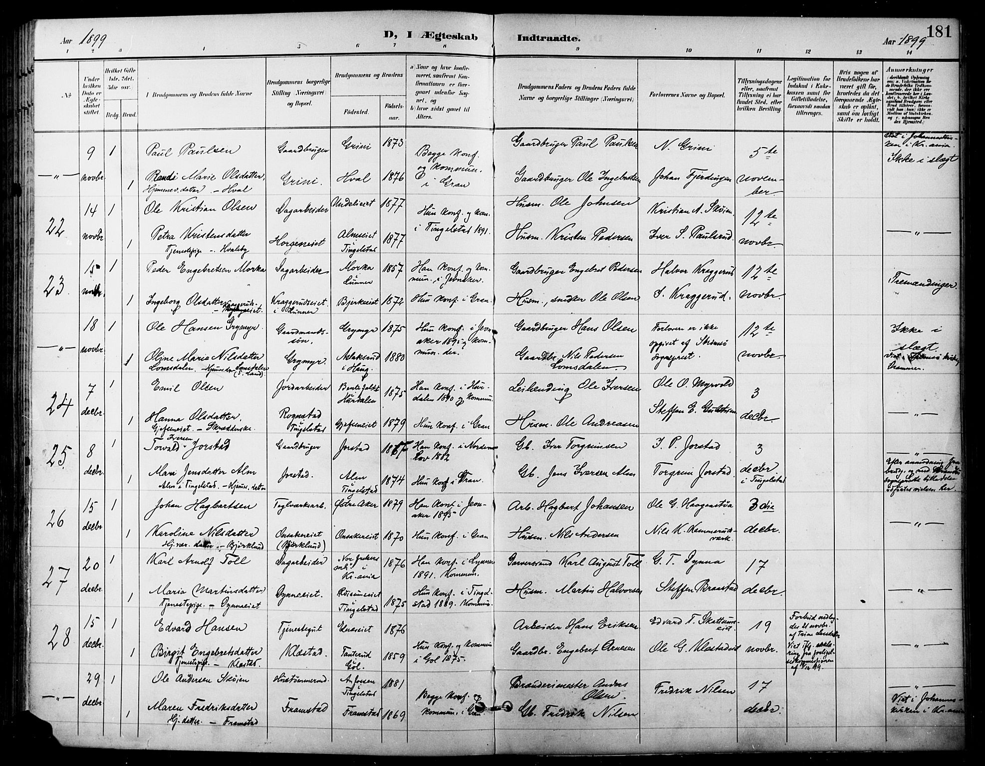 Gran prestekontor, SAH/PREST-112/H/Ha/Haa/L0019: Parish register (official) no. 19, 1898-1907, p. 181