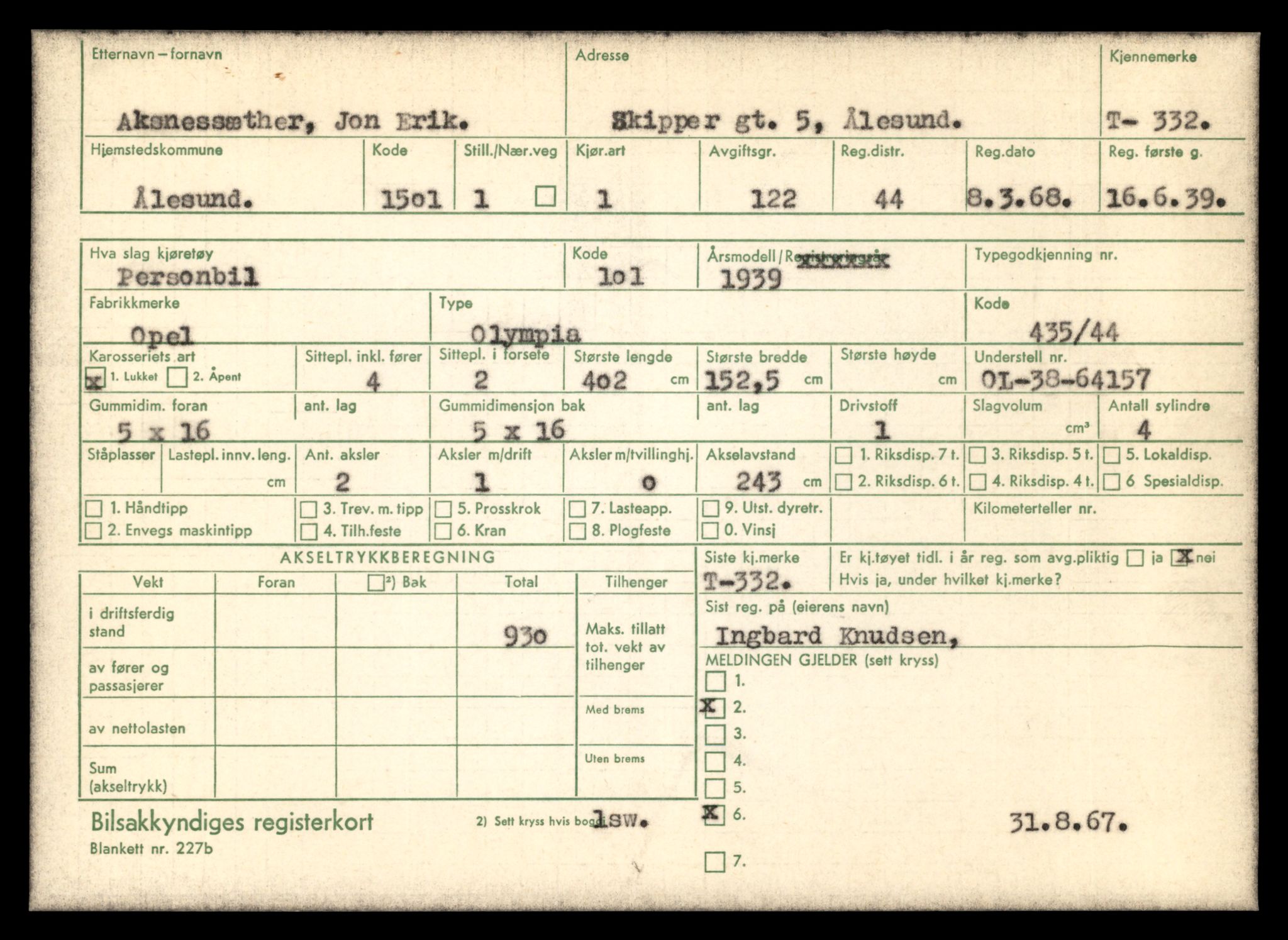 Møre og Romsdal vegkontor - Ålesund trafikkstasjon, SAT/A-4099/F/Fe/L0003: Registreringskort for kjøretøy T 232 - T 340, 1927-1998, p. 2602