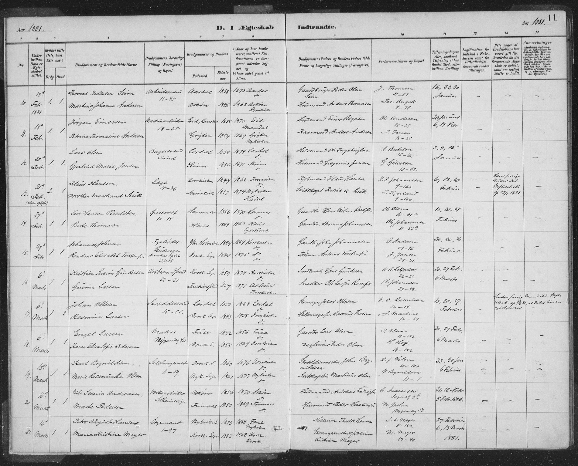 Domkirken sokneprestembete, AV/SAB-A-74801/H/Hab/L0032: Parish register (copy) no. D 4, 1880-1907, p. 11