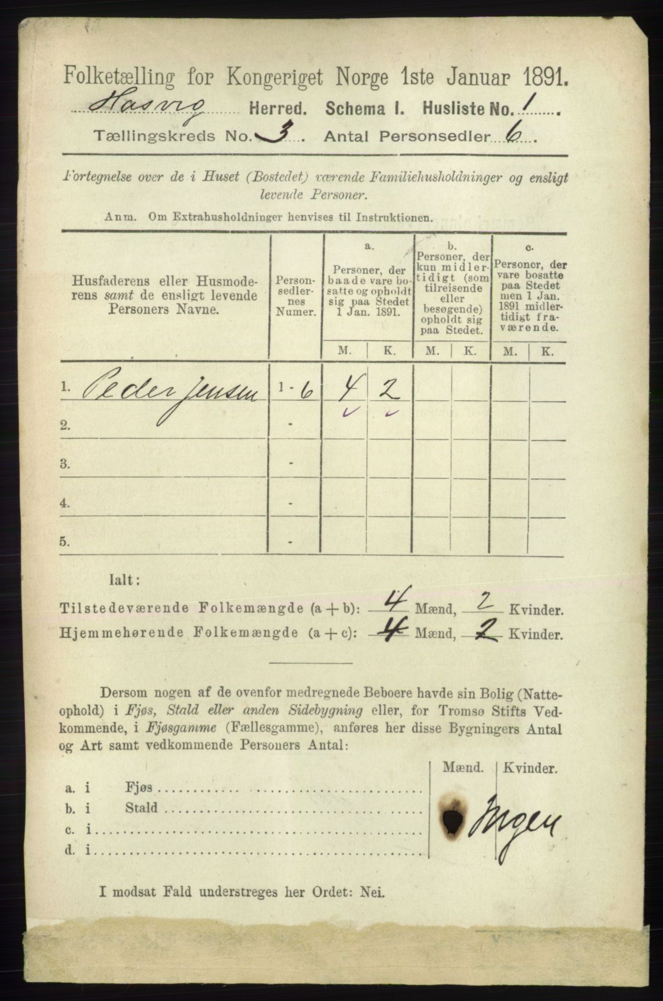 RA, 1891 census for 2015 Hasvik, 1891, p. 389