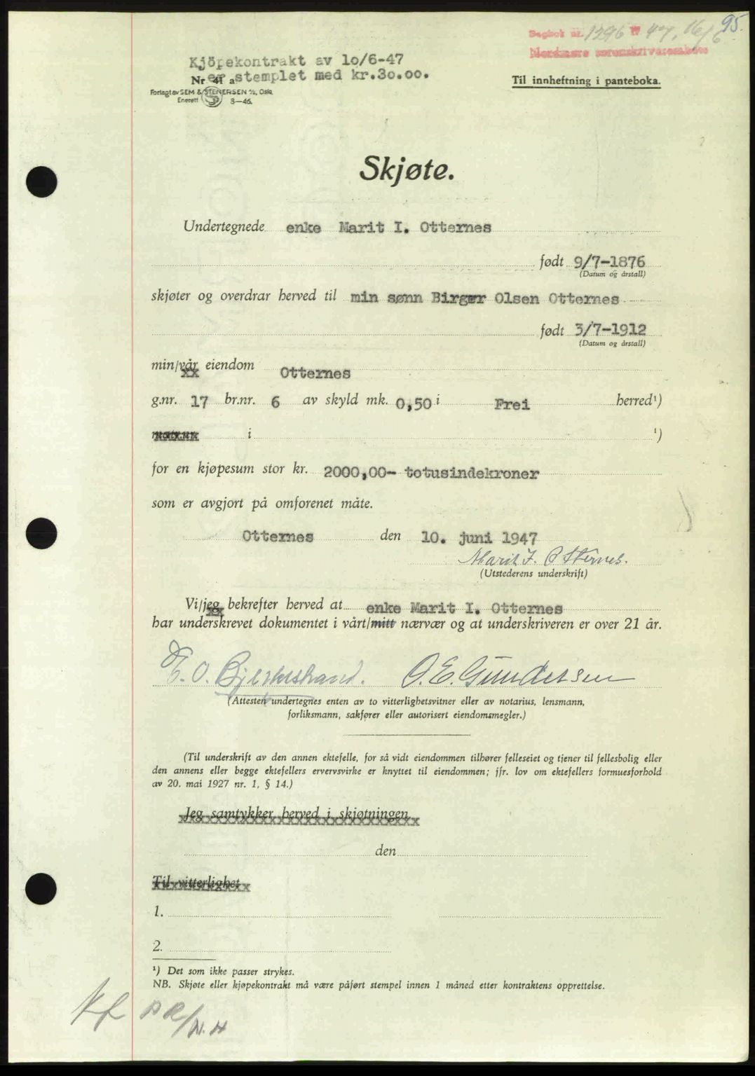 Nordmøre sorenskriveri, AV/SAT-A-4132/1/2/2Ca: Mortgage book no. A105, 1947-1947, Diary no: : 1296/1947