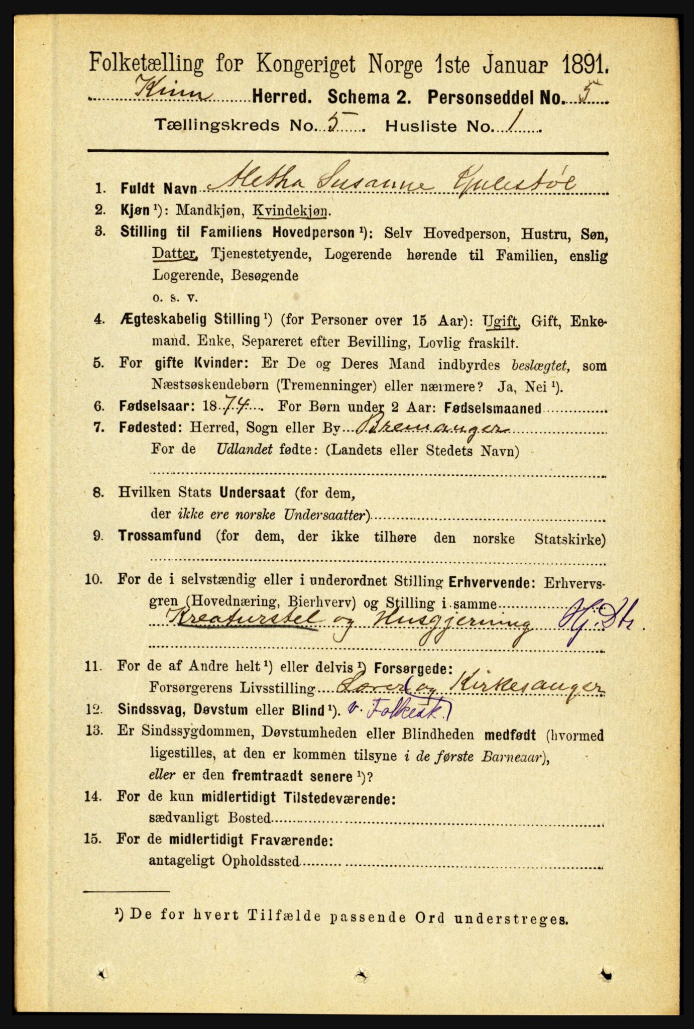 RA, 1891 census for 1437 Kinn, 1891, p. 1817