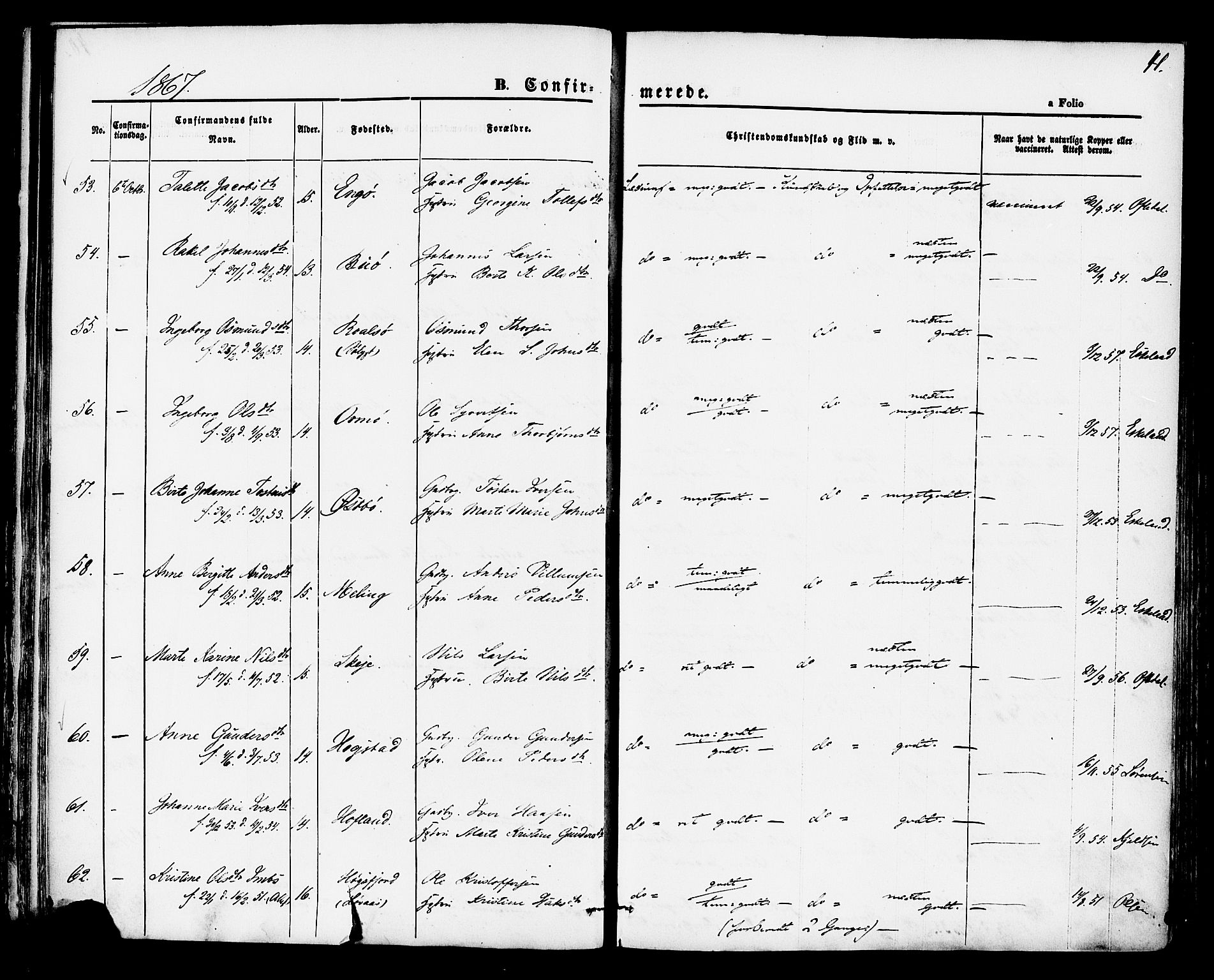 Hetland sokneprestkontor, AV/SAST-A-101826/30/30BA/L0004: Parish register (official) no. A 4, 1862-1881, p. 41