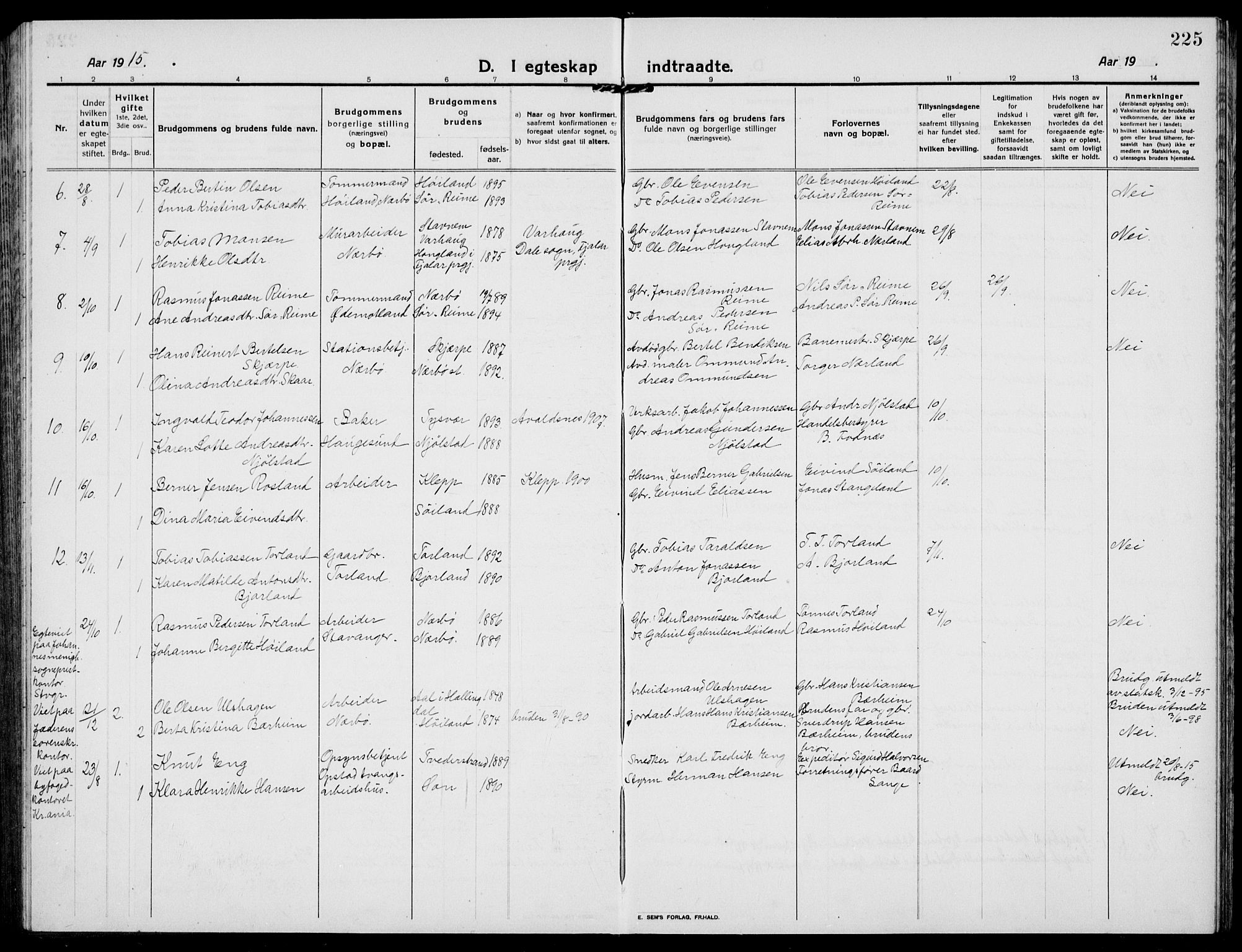 Hå sokneprestkontor, AV/SAST-A-101801/001/30BB/L0007: Parish register (copy) no. B 7, 1912-1939, p. 225