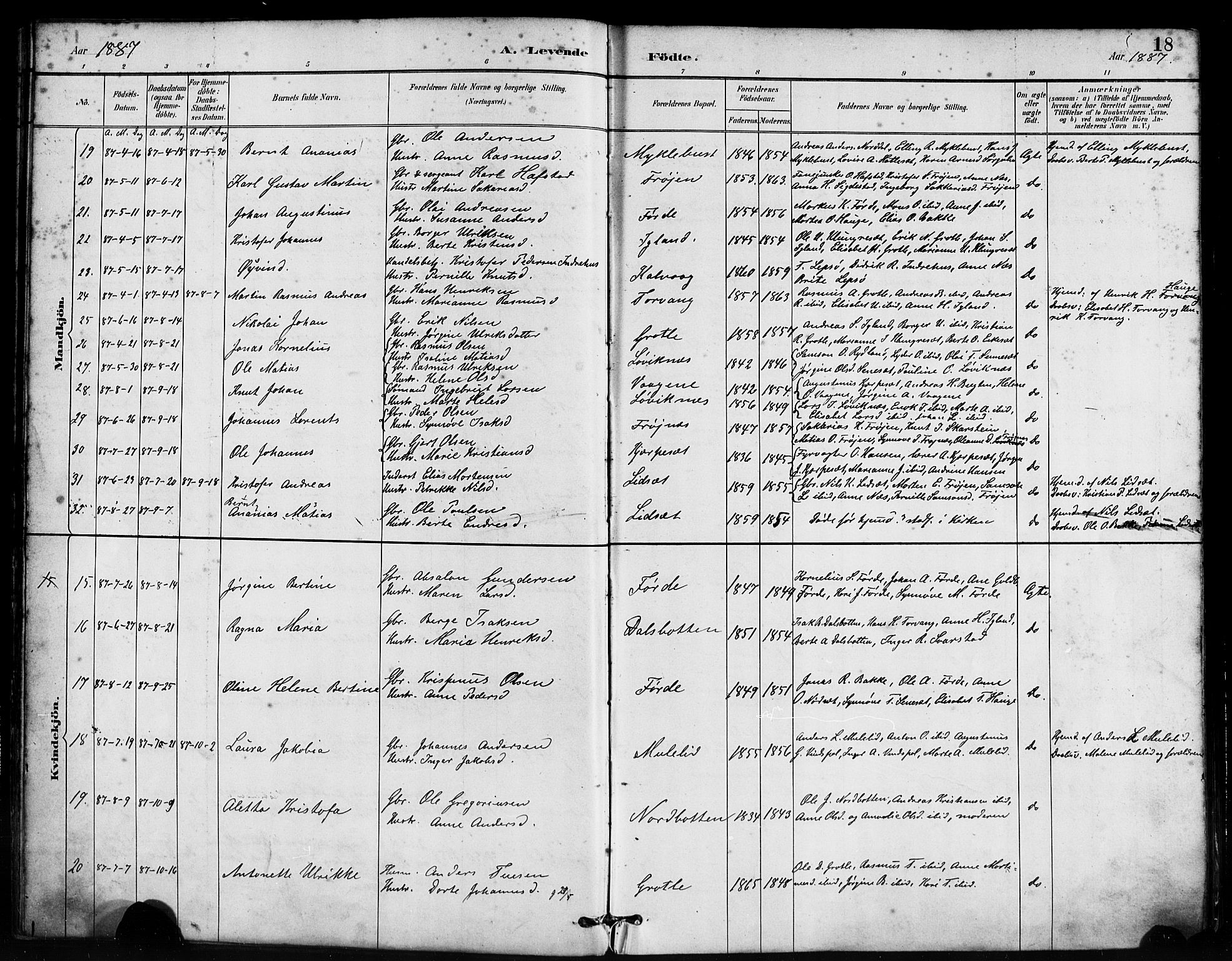 Bremanger sokneprestembete, AV/SAB-A-82201/H/Haa/Haab/L0001: Parish register (official) no. B 1, 1884-1895, p. 18