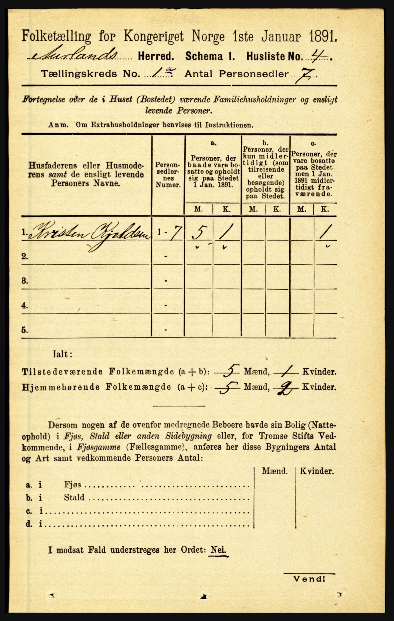 RA, 1891 census for 1421 Aurland, 1891, p. 23