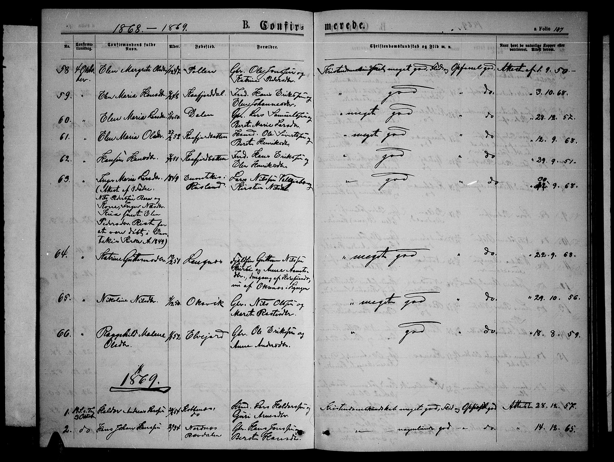 Lyngen sokneprestembete, SATØ/S-1289/H/He/Heb/L0004klokker: Parish register (copy) no. 4, 1868-1878, p. 147