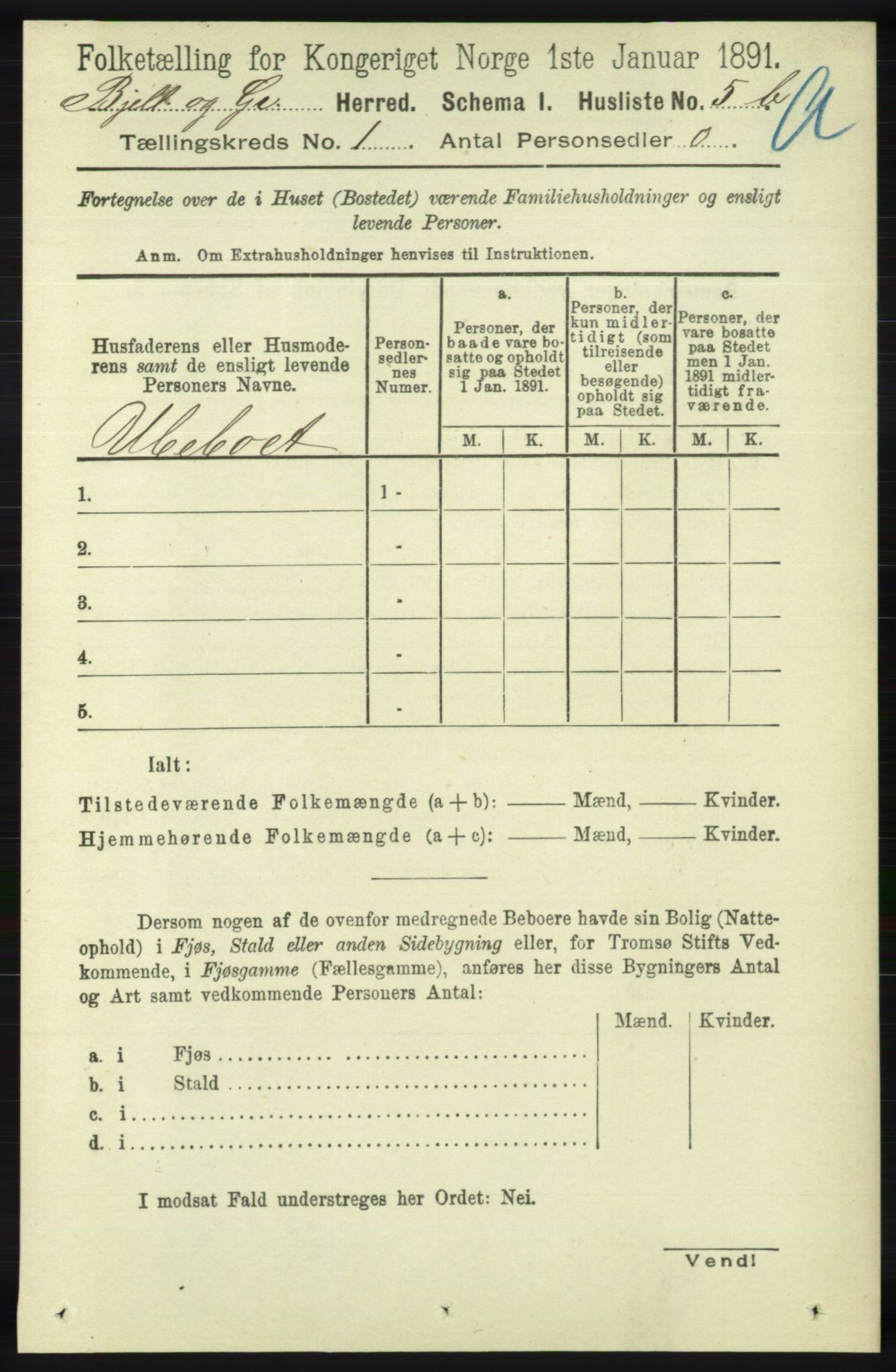 RA, 1891 census for 1024 Bjelland og Grindheim, 1891, p. 27