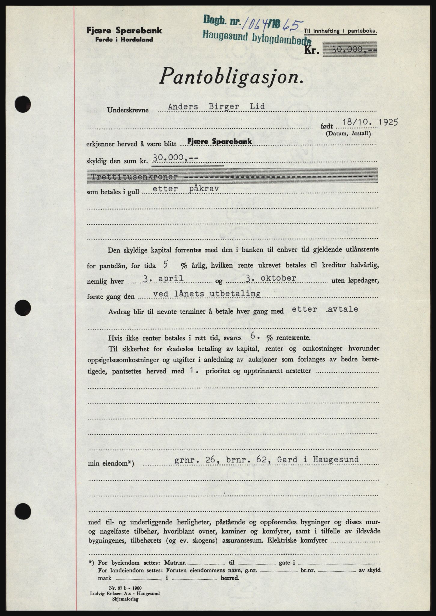 Haugesund tingrett, SAST/A-101415/01/II/IIC/L0053: Mortgage book no. B 53, 1965-1965, Diary no: : 1064/1965