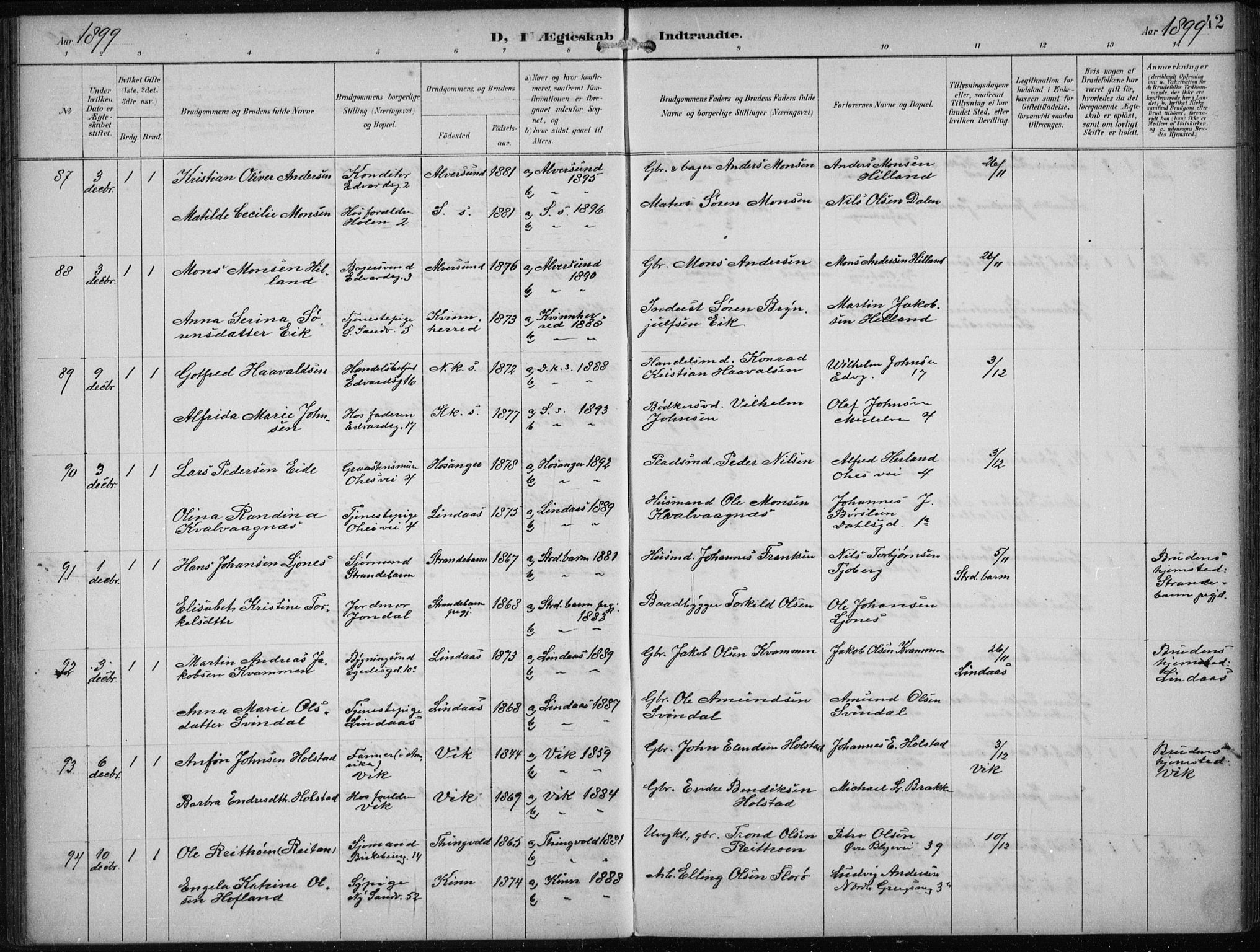 Sandviken Sokneprestembete, SAB/A-77601/H/Ha/L0014: Parish register (official) no. D 1, 1896-1911, p. 42