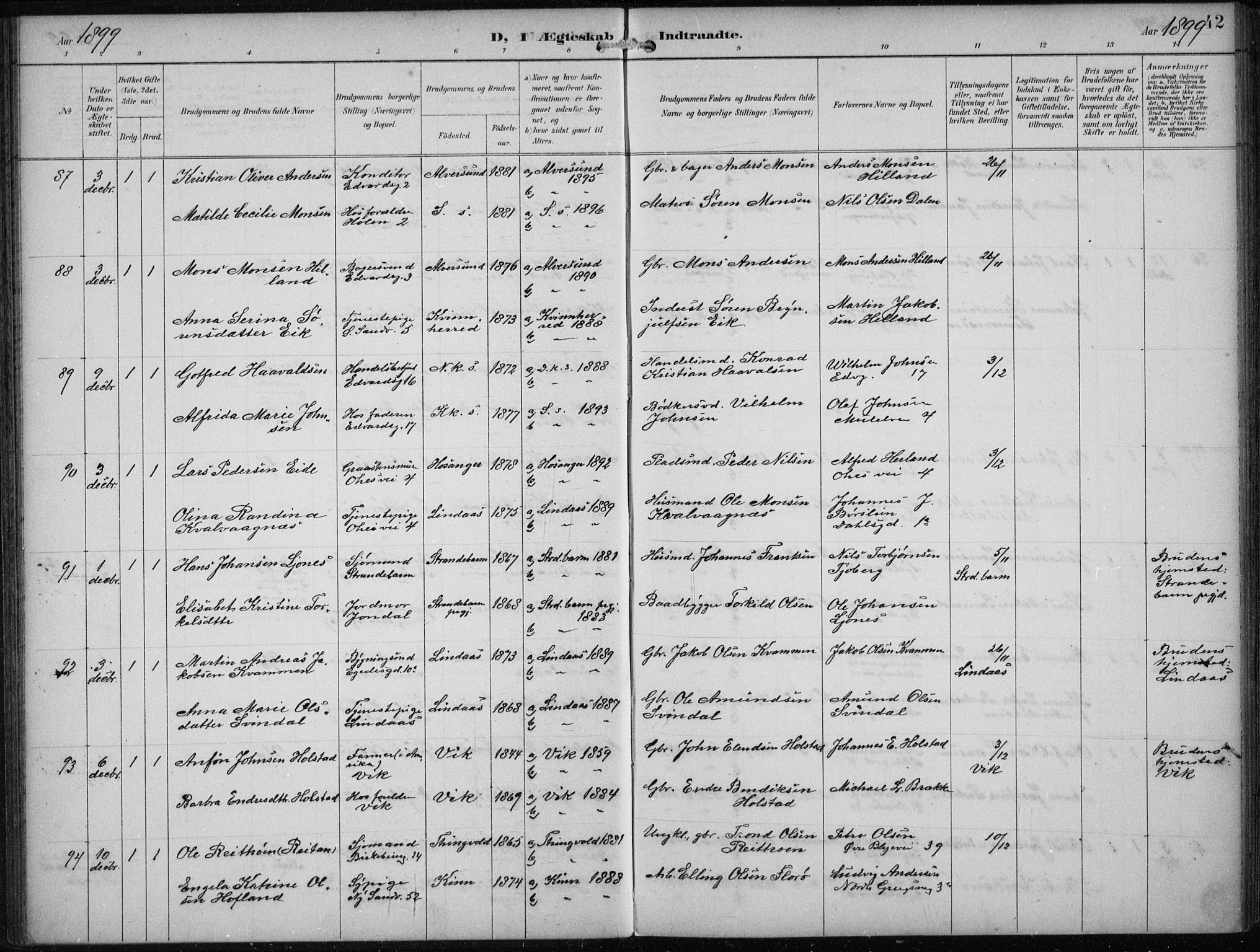 Sandviken Sokneprestembete, AV/SAB-A-77601/H/Ha/L0014: Parish register (official) no. D 1, 1896-1911, p. 42