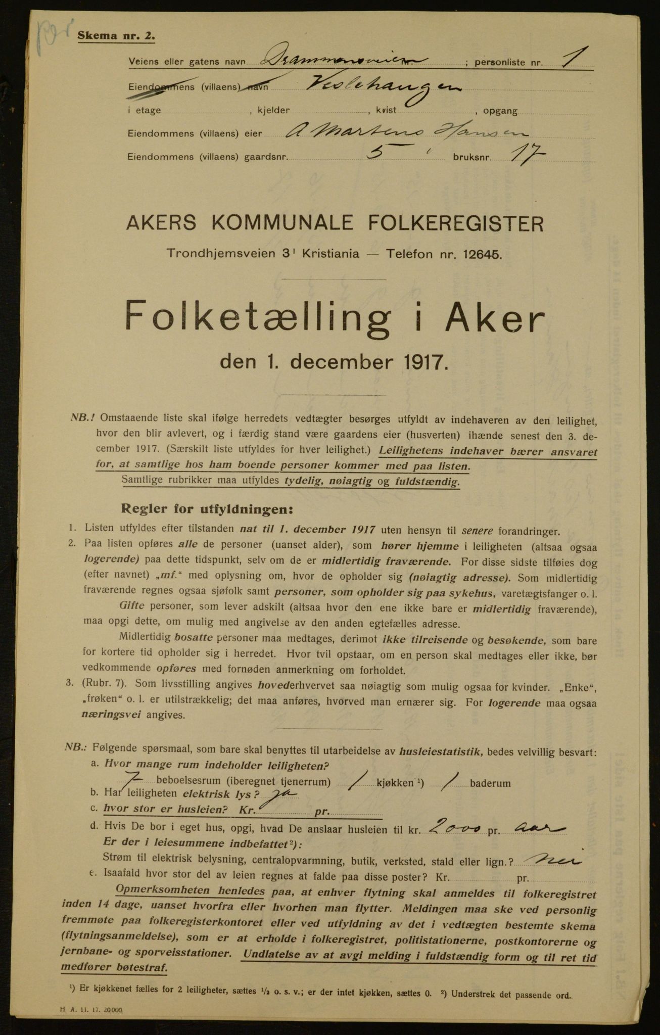 OBA, Municipal Census 1917 for Aker, 1917, p. 3025