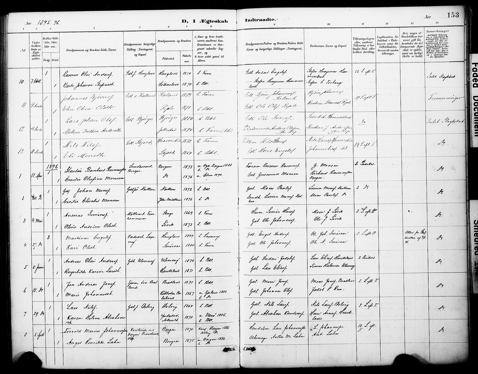 Fana Sokneprestembete, AV/SAB-A-75101/H/Haa/Haai/L0002: Parish register (official) no. I 2, 1888-1899, p. 153