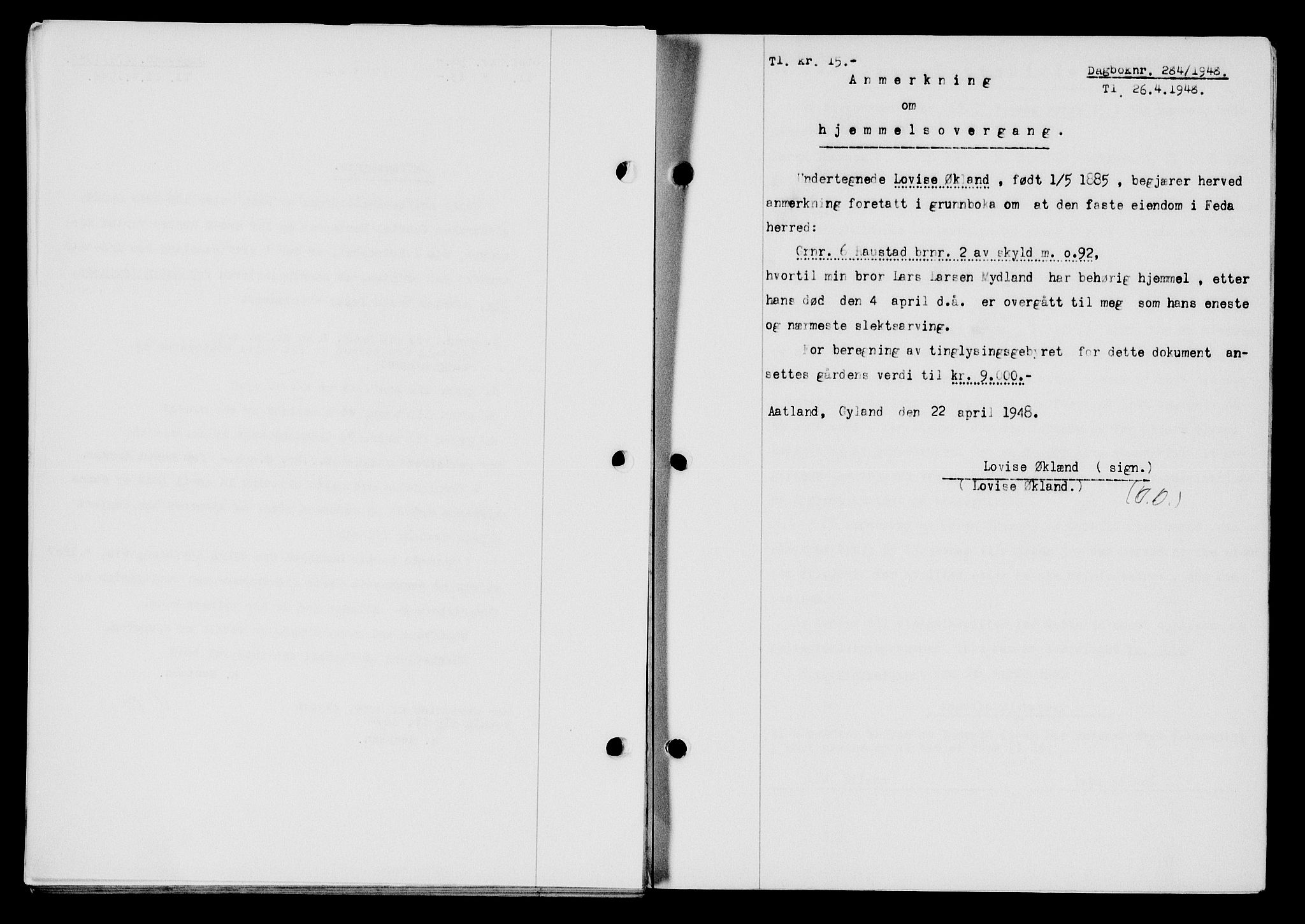 Flekkefjord sorenskriveri, SAK/1221-0001/G/Gb/Gba/L0063: Mortgage book no. A-11, 1947-1948, Diary no: : 284/1948