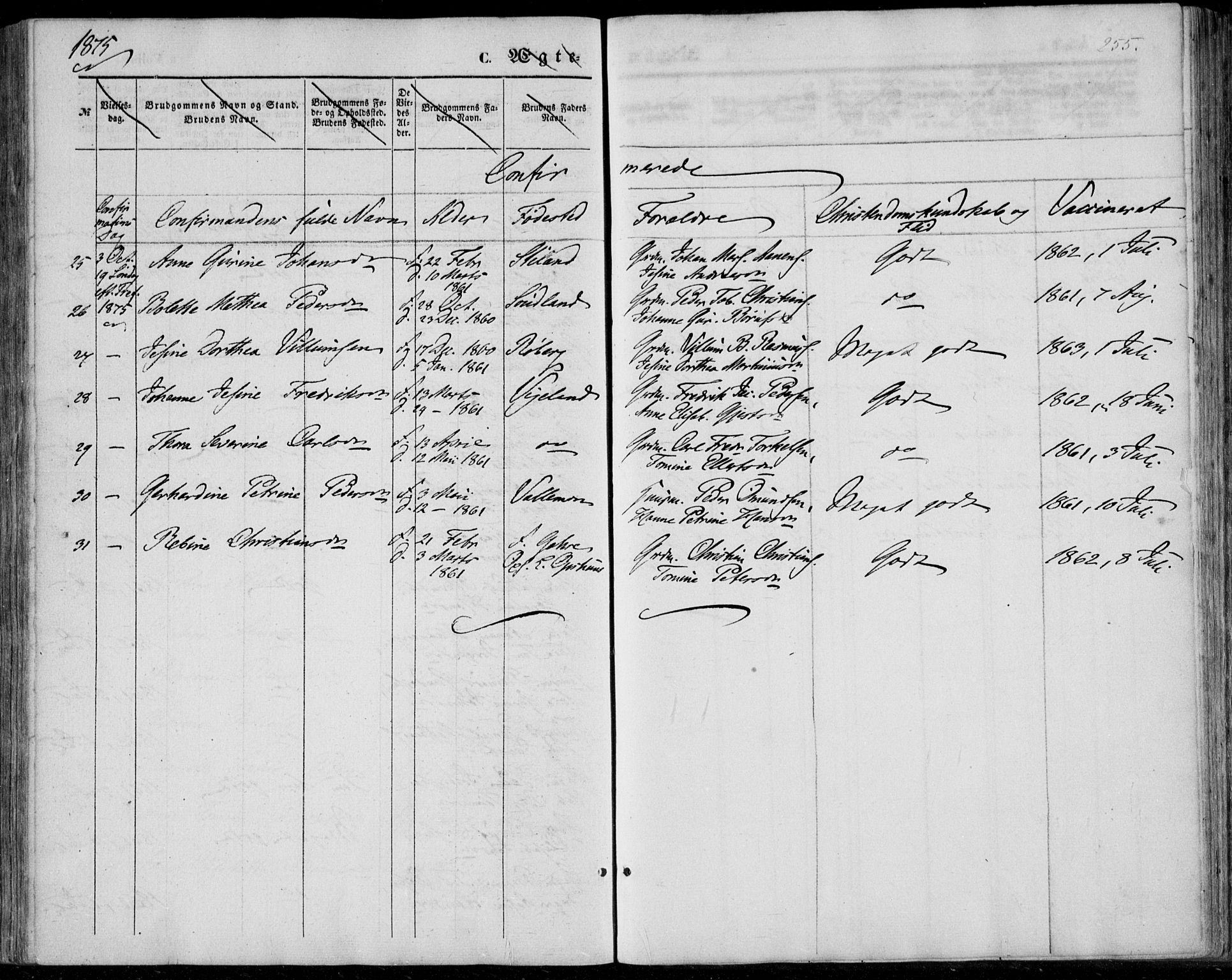 Sør-Audnedal sokneprestkontor, AV/SAK-1111-0039/F/Fa/Fab/L0007: Parish register (official) no. A 7, 1855-1876, p. 255